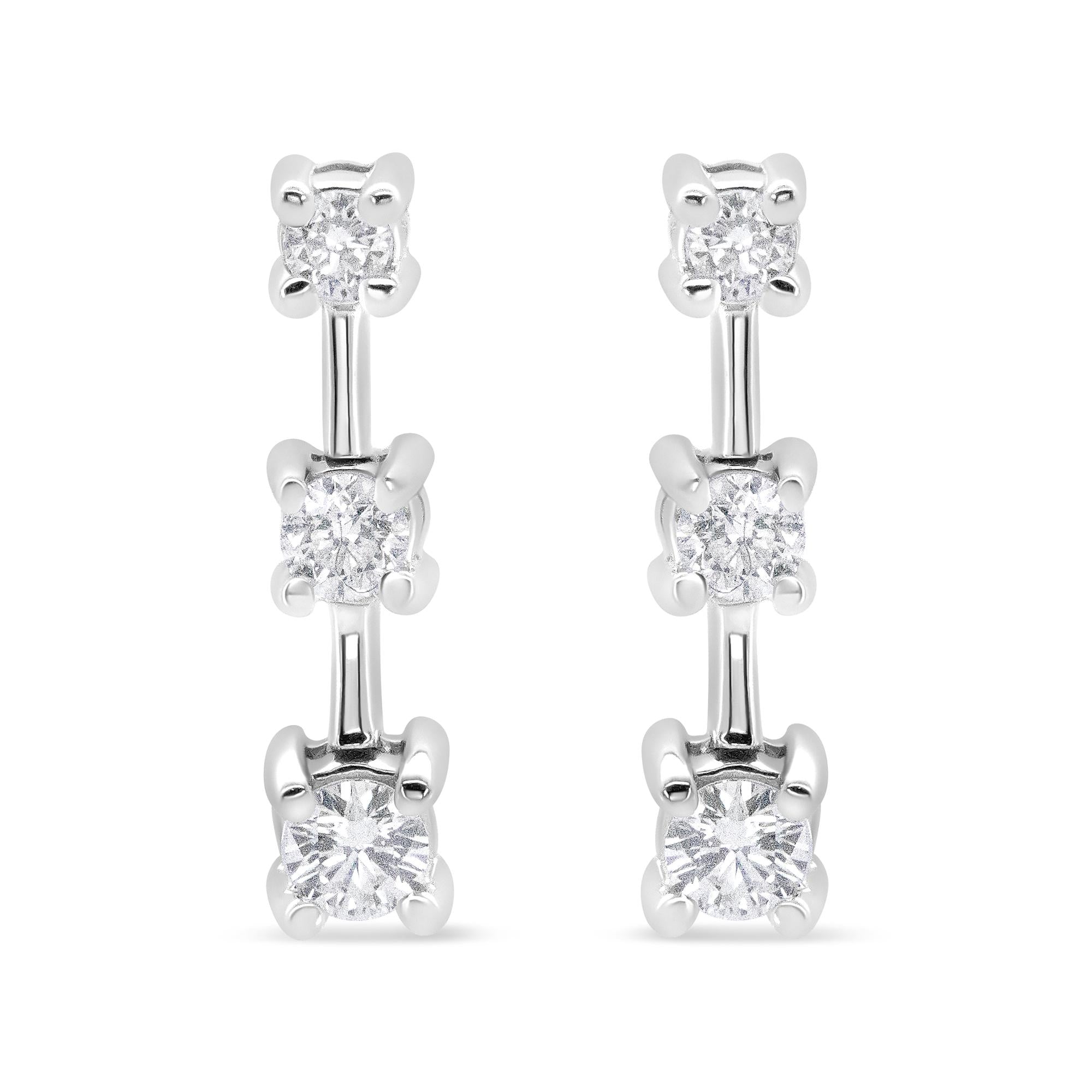 14K Gold Round Diamond 3 Stone Graduated Linear Drop Past, Present and Future Stud Earrings (H-I Color, SI1-SI2 Clarity) - Friggin Jewelry