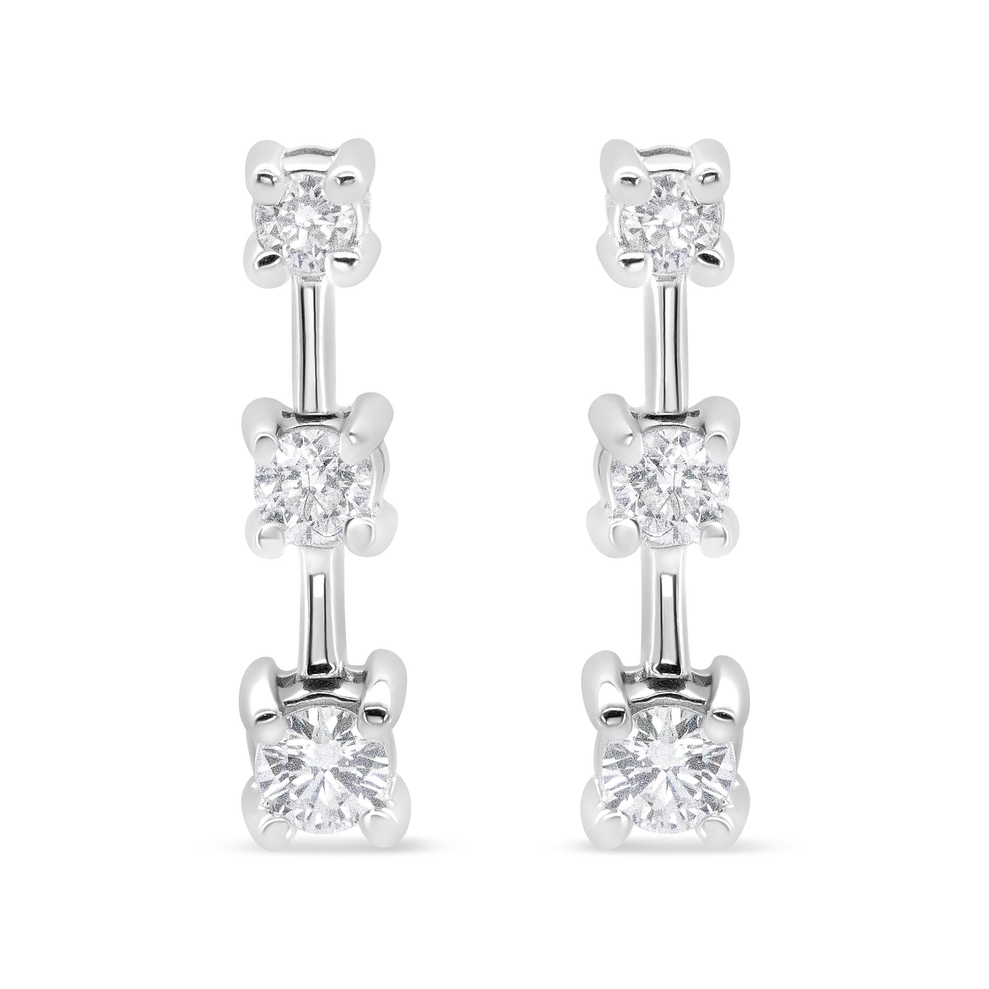 14K Gold Round Diamond 3 Stone Graduated Linear Drop Past, Present and Future Stud Earrings (H-I Color, SI1-SI2 Clarity) - Friggin Jewelry