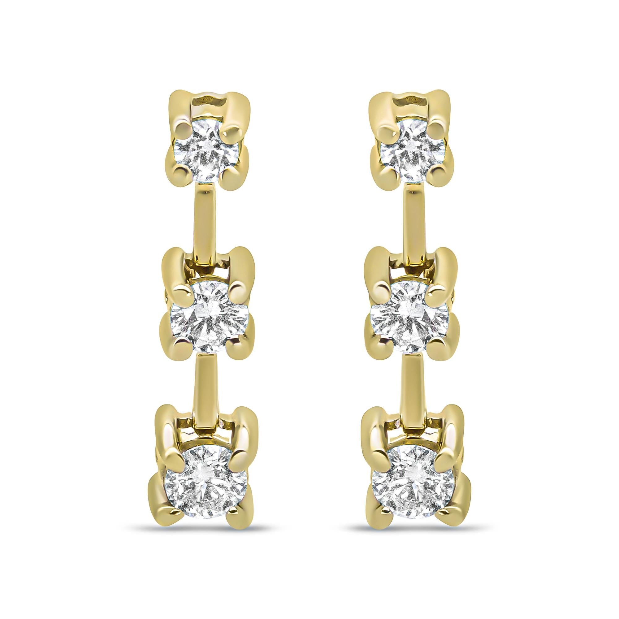 14K Gold Round Diamond 3 Stone Graduated Linear Drop Past, Present and Future Stud Earrings (H-I Color, SI1-SI2 Clarity) - Friggin Jewelry