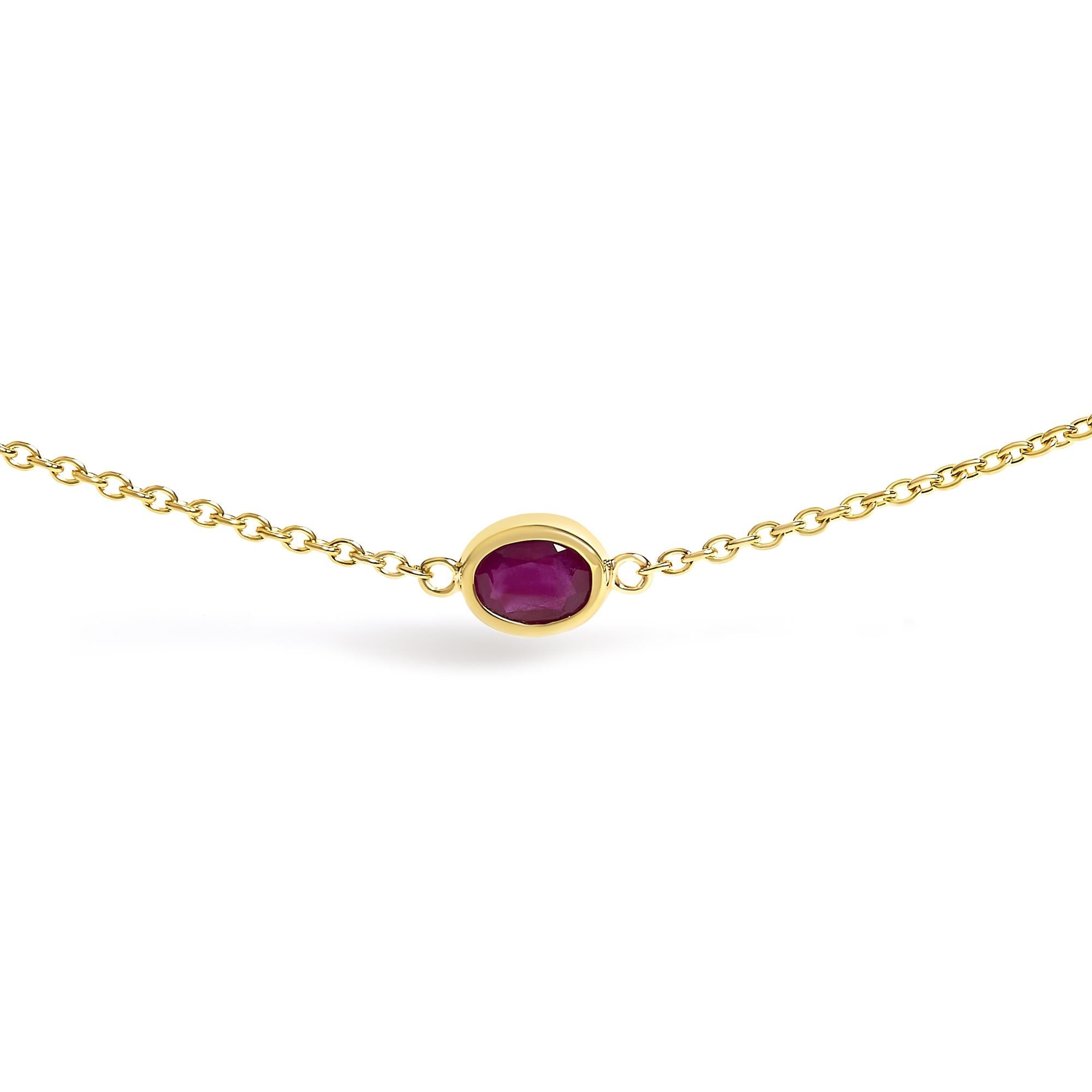 14K Yellow Gold Bezel Set 4x3 mm Oval Red Ruby Station Necklace - 18 Inches - Friggin Jewelry Premium