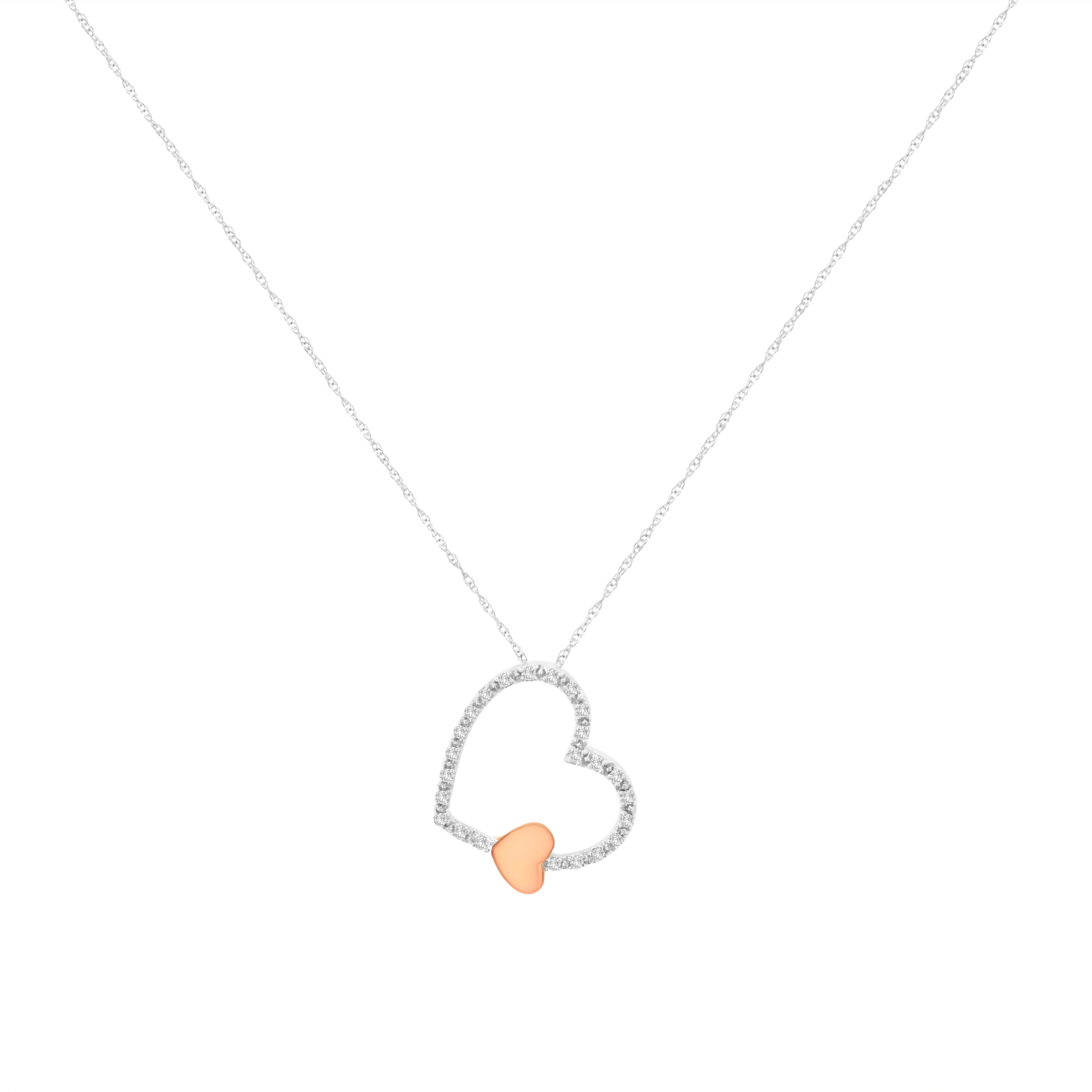10KT Two Tone Gold 1/6 cttw Diamond Floating Heart Pendant Necklace (K-L, I1-I2) - Friggin Jewelry