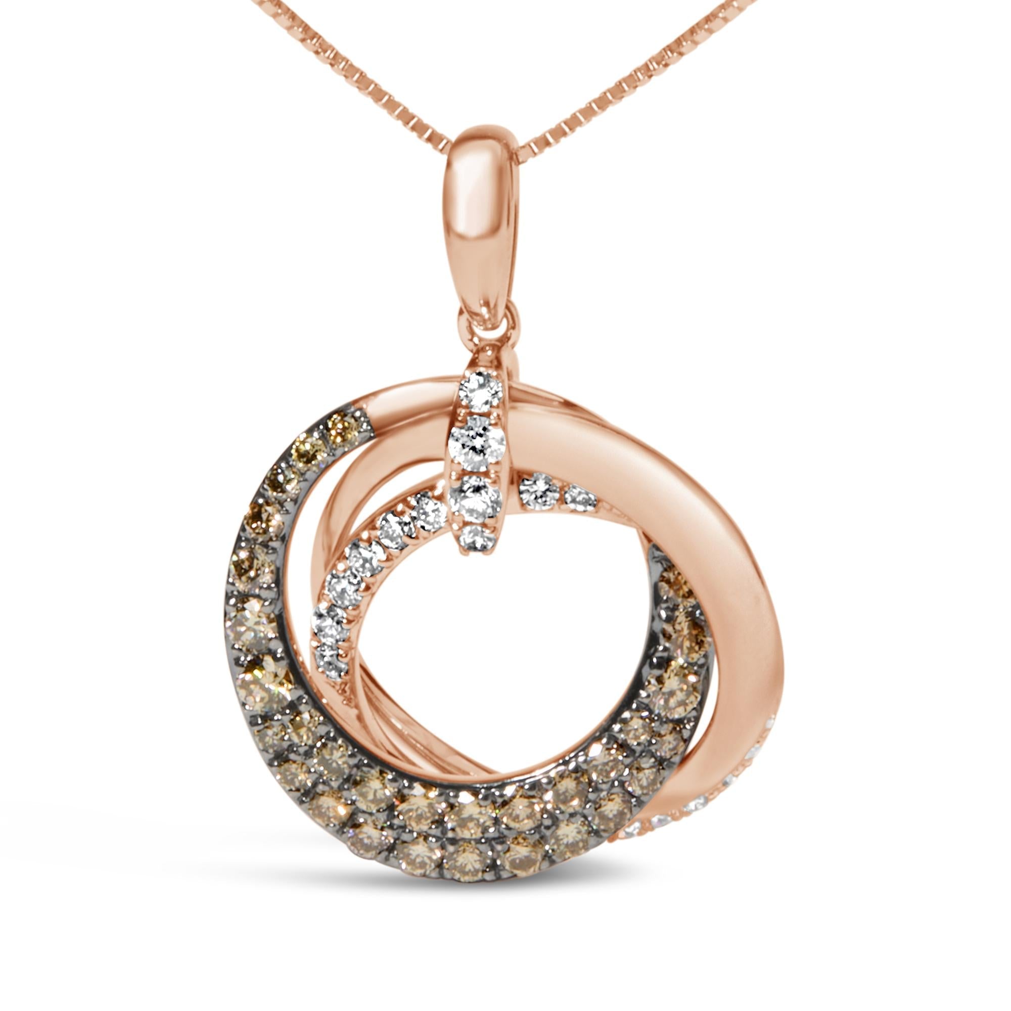 Collana con pendente a cerchio intrecciato in oro rosa 14 carati da 3/4 ct con diamanti marroni e bianchi, lunghezza 18 pollici (colore GH, purezza SI2-I1) - Friggin Jewelry