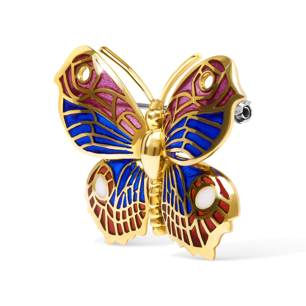 18K Yellow Gold Red, Blue, and White Enameled Butterfly Brooch Pin - Friggin Jewelry