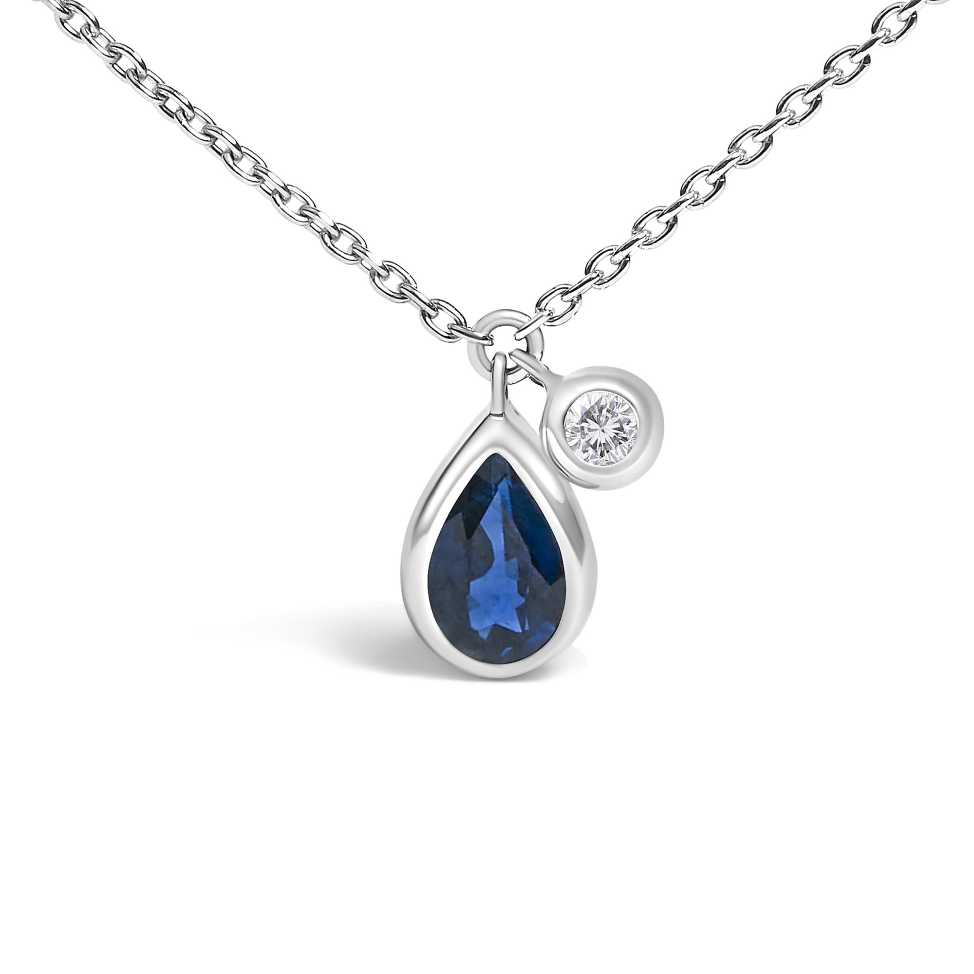 Collar con colgante de oro blanco de 14 quilates con zafiro azul pera de 6 x 4 mm y detalles de diamantes - 45,7 cm - Friggin Jewelry