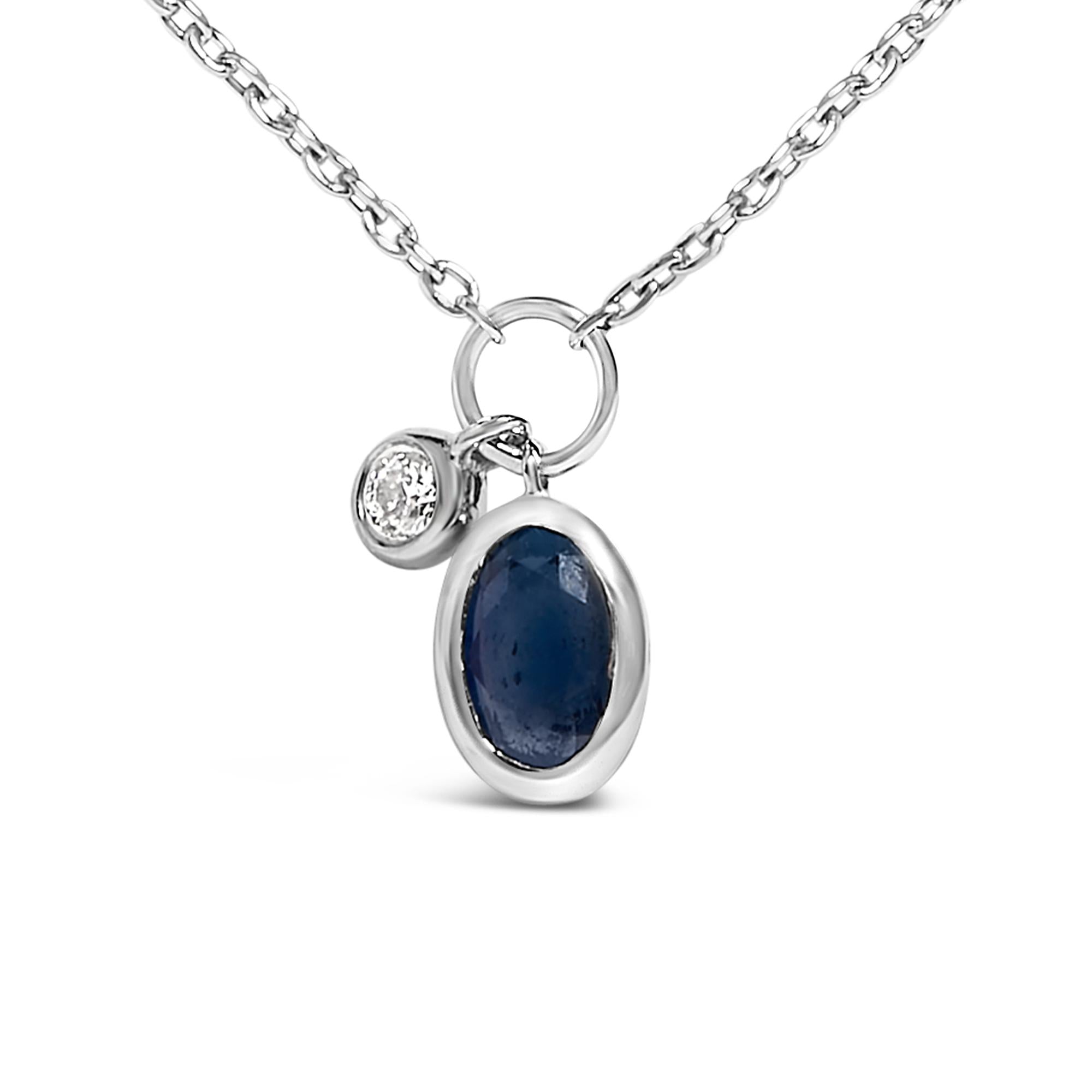 10K White Gold Oval Blue Sapphire and Diamond Double Charm Pendant Necklace - 18" Inches - Friggin Jewelry
