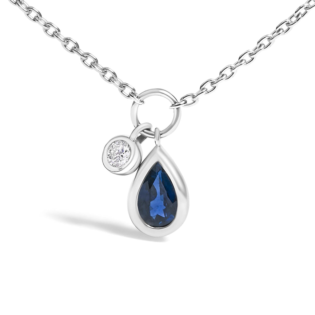 10K White Gold 6x4 mm Pear Blue Sapphire and Diamond  Accent Charm Pendant Necklace - 18" Inches - Friggin Jewelry