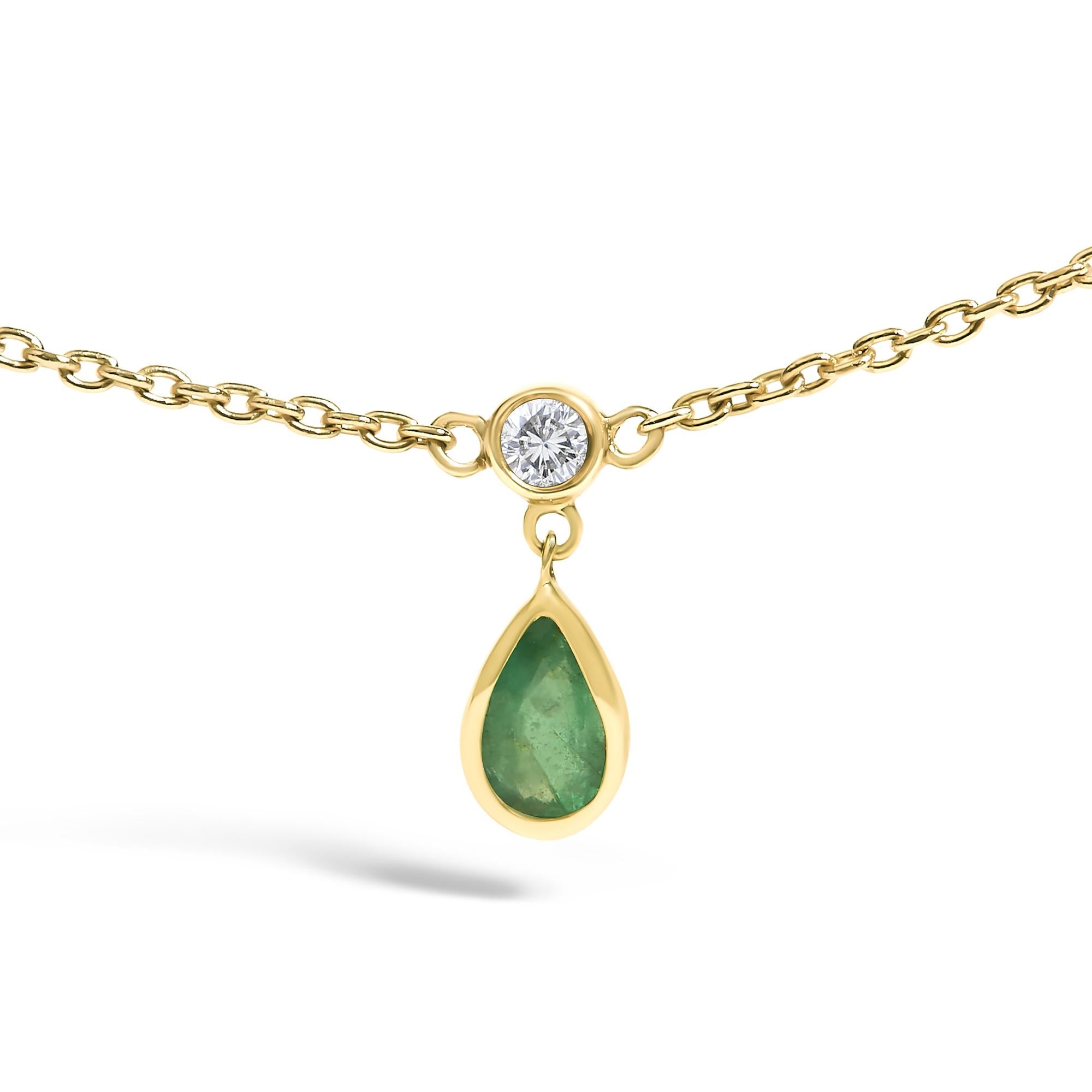 10K Yellow Gold Dangling 5x3 mm Green Emerald and Diamond Station Necklace - 18" Inches - Friggin Jewelry