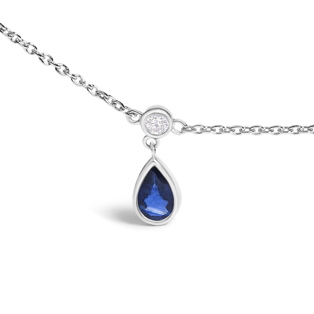 10K White Gold Dangling 5x3 mm Pear Blue Sapphire and Diamond Station Necklace - 18" Inches - Friggin Jewelry
