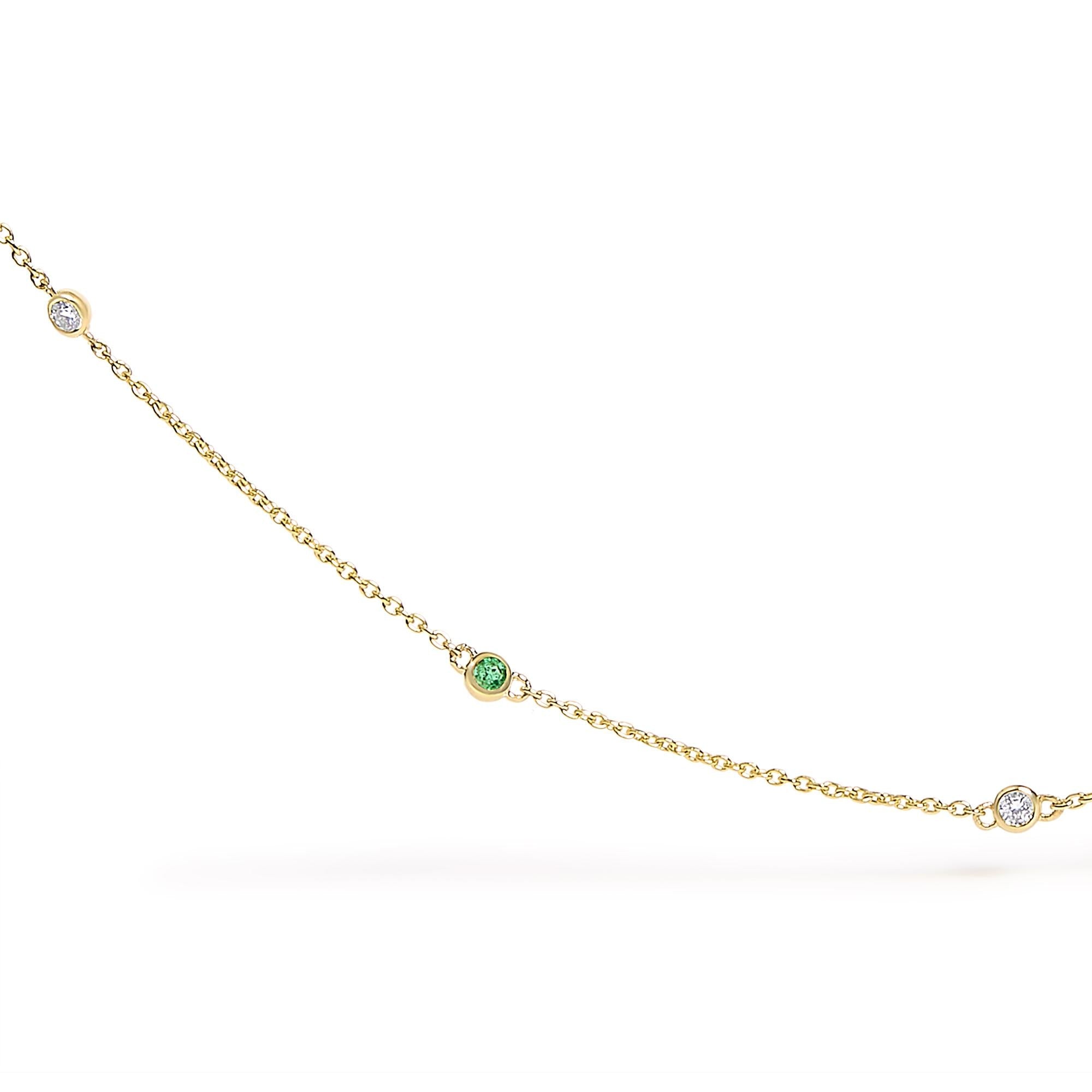14K Yellow Gold Bezel Set Alternating Green Emerald and Diamond Station Necklace - 18" Inches - Friggin Jewelry