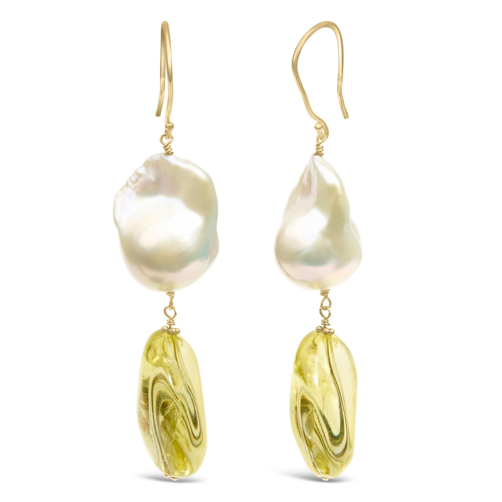 14K Yellow Gold Citrine and Baroque Pearl Drop and Dangle Earrings 1 3/4 Inch Dangle - Friggin Jewelry