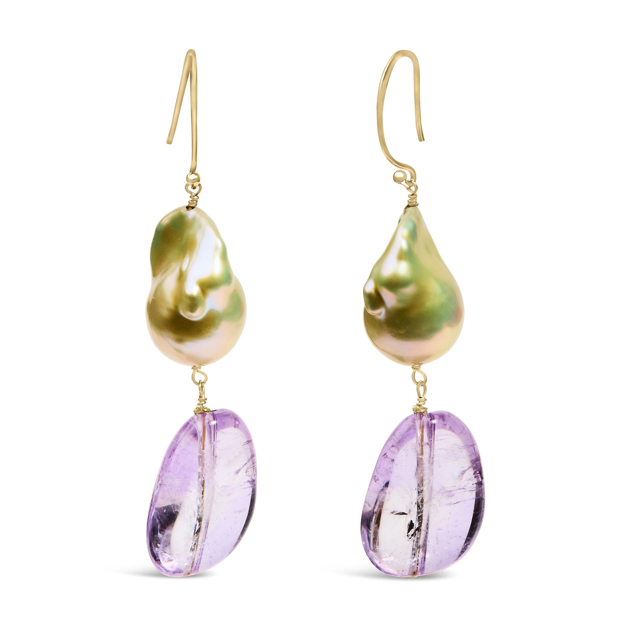 14K Yellow Gold Amethyst and Baroque Pearl Drop and Dangle Earrings 2" Inch Dangle Length - Friggin Jewelry