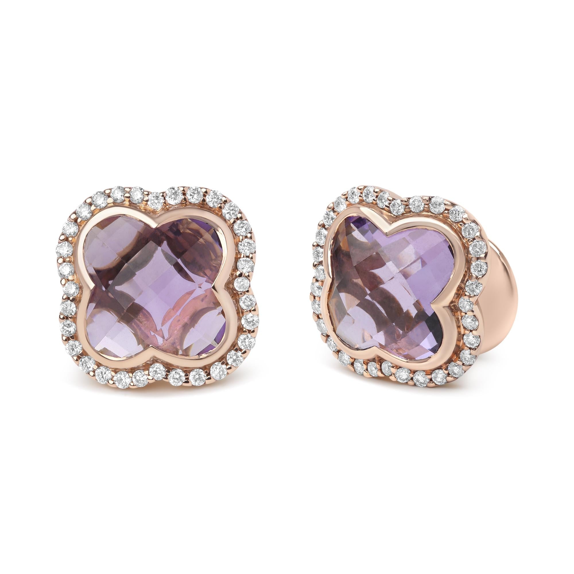 18K Rose Gold 3/8 Cttw Diamond and 11x11mm Clover-Cut Purple Amethyst Gemstone Clover Halo Stud Earrings (G-H Color, SI1-SI2 Clarity) - Friggin Jewelry