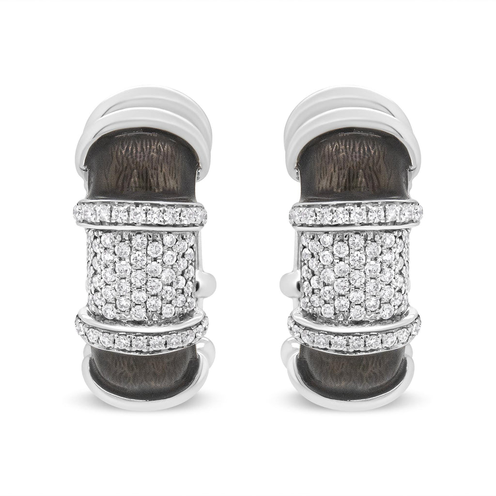 18K White Gold Flash Plated .925 Sterling Silver Clear Graphite Grey Enamel 5/8 Cttw Round Diamonds Huggie Hoop Earrings (F-G Color, VS1-VS2 Clarity) - Friggin Jewelry