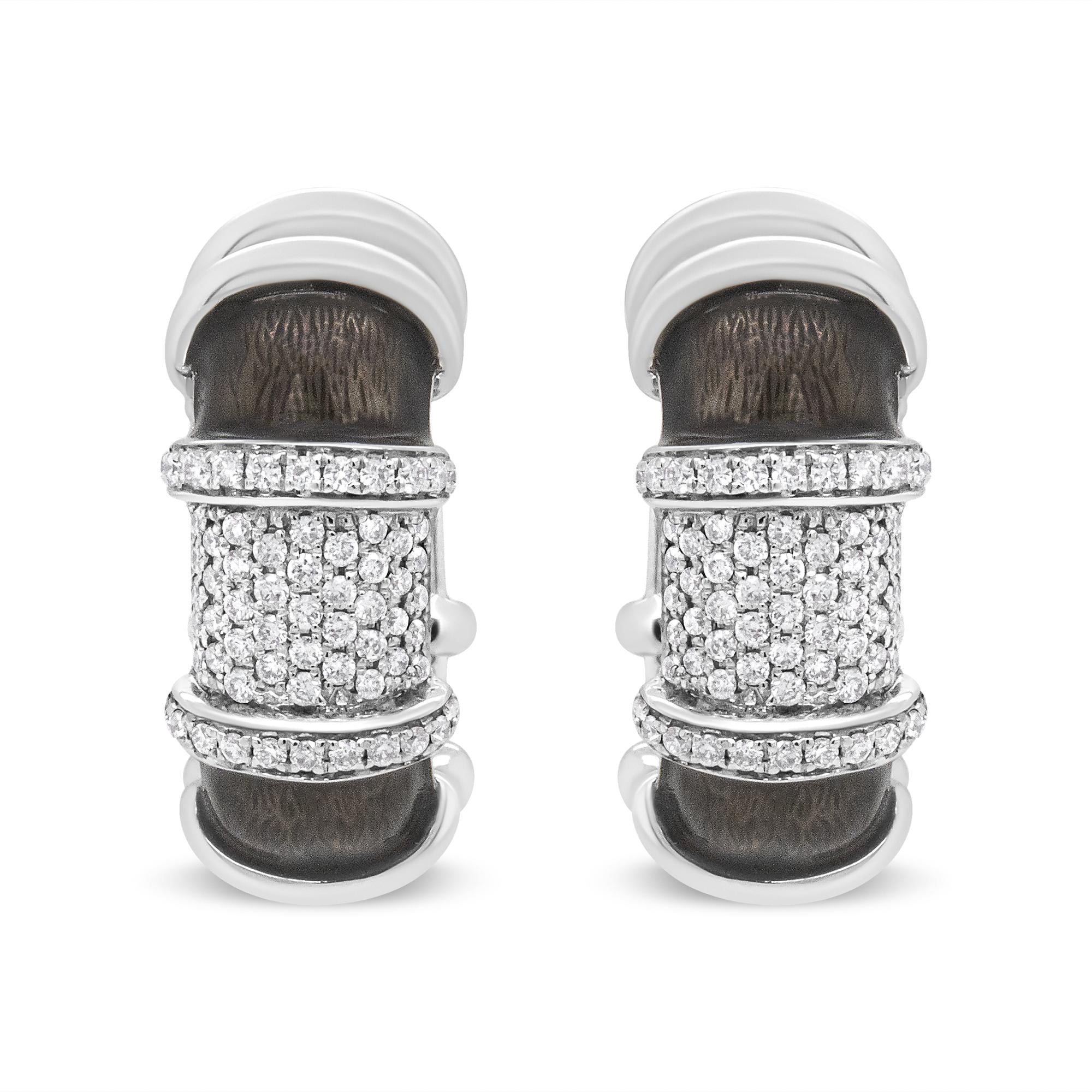 18K White Gold Flash Plated .925 Sterling Silver Clear Graphite Grey Enamel 5/8 Cttw Round Diamonds Huggie Hoop Earrings (F-G Color, VS1-VS2 Clarity) - Friggin Jewelry