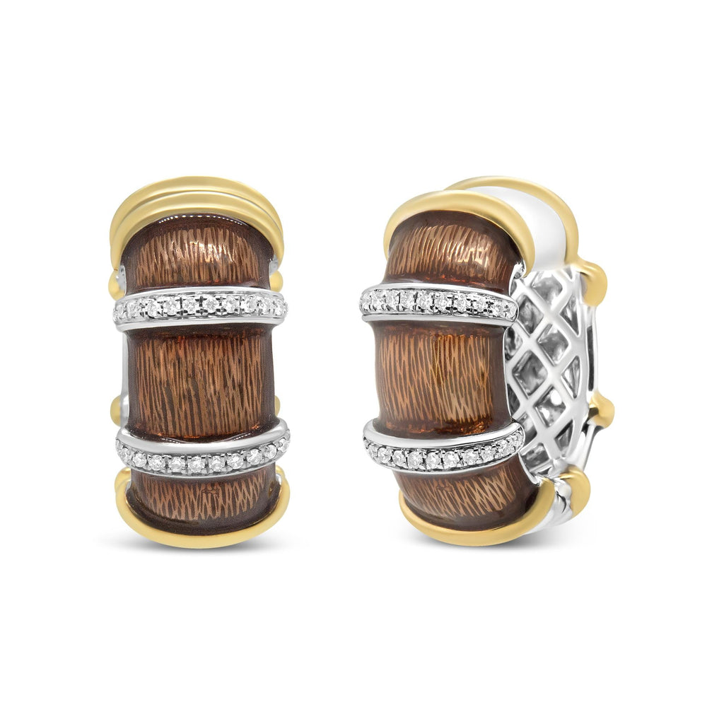 Orecchini a cerchio Huggie in argento sterling 925 placcato oro giallo e bianco 18 carati, smalto marrone trasparente, diamanti rotondi da 9/10 ct (colore FG, purezza VS1-VS2) - Friggin Jewelry
