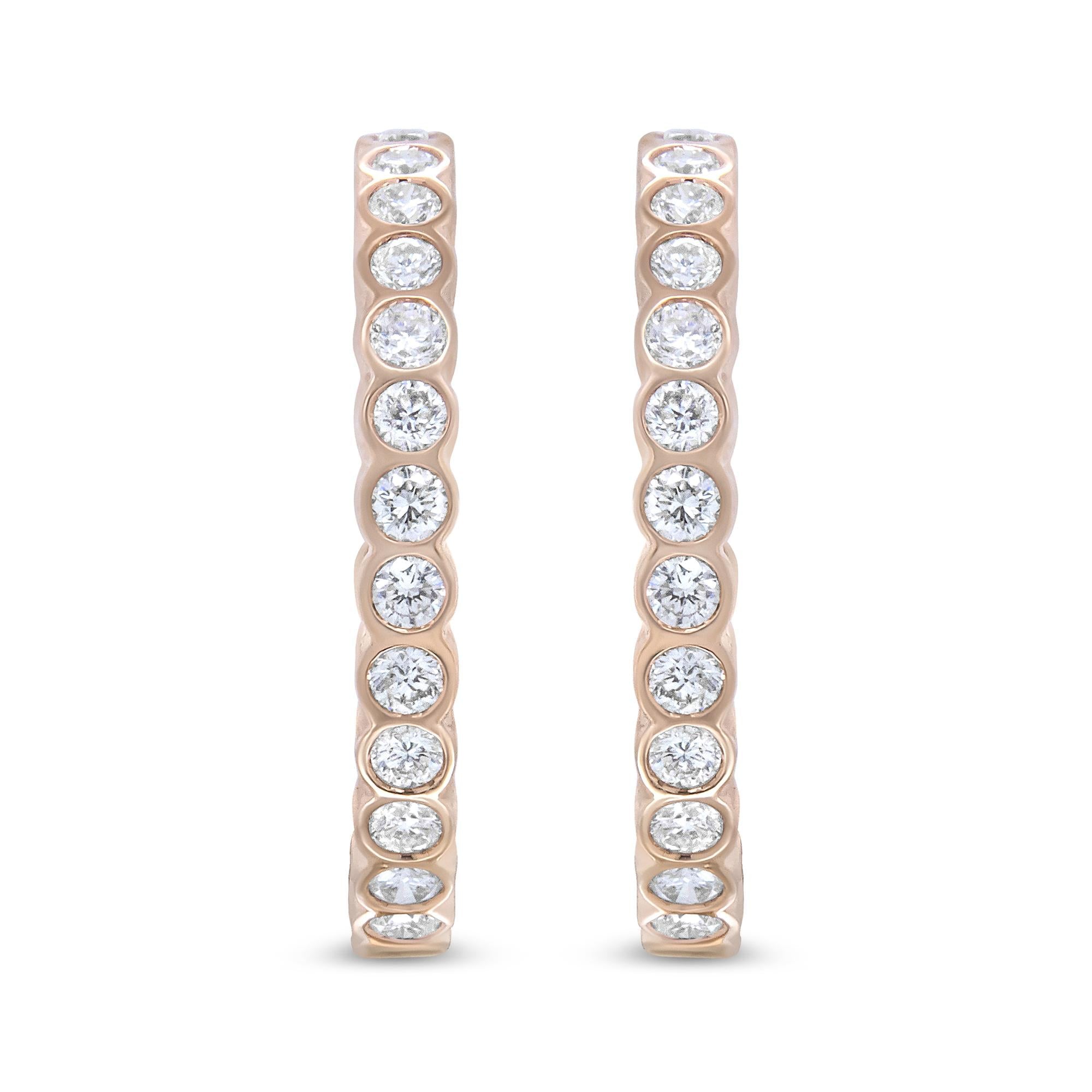 18K Rose Gold 1 Cttw Round Bezel-Set Diamond Hoop Earrings (F-G Color, VS1-VS2 Clarity) - Friggin Jewelry