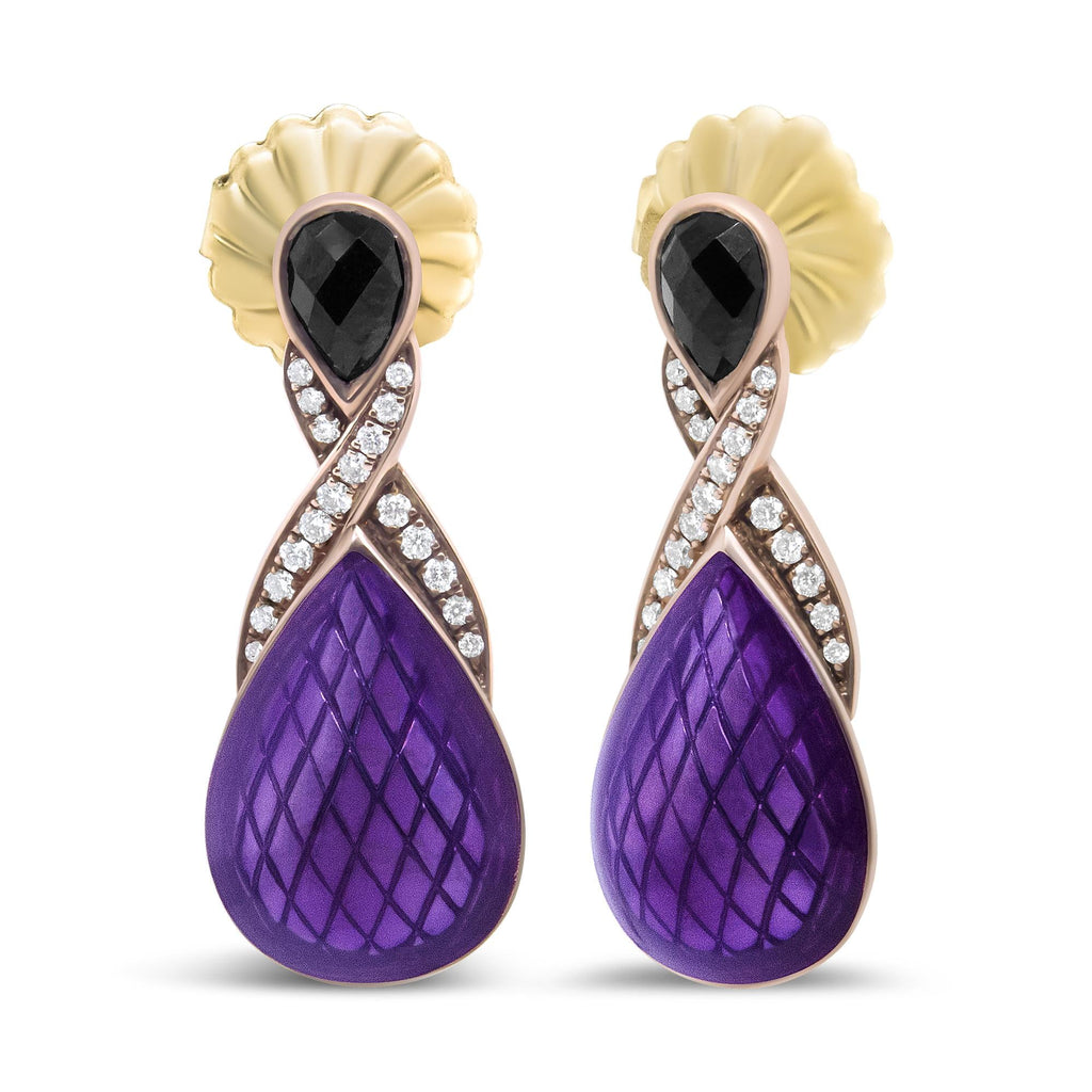 18K Rose Gold Flash Plated .925 Sterling Silver Purple Enamel 1/5 Cttw Round Pave-Set Diamond and 5.5 x 4mm Pear-Shaped Black Onyx Drop Earrings (F-G Color, VS1-VS2 Clarity) - Friggin Jewelry