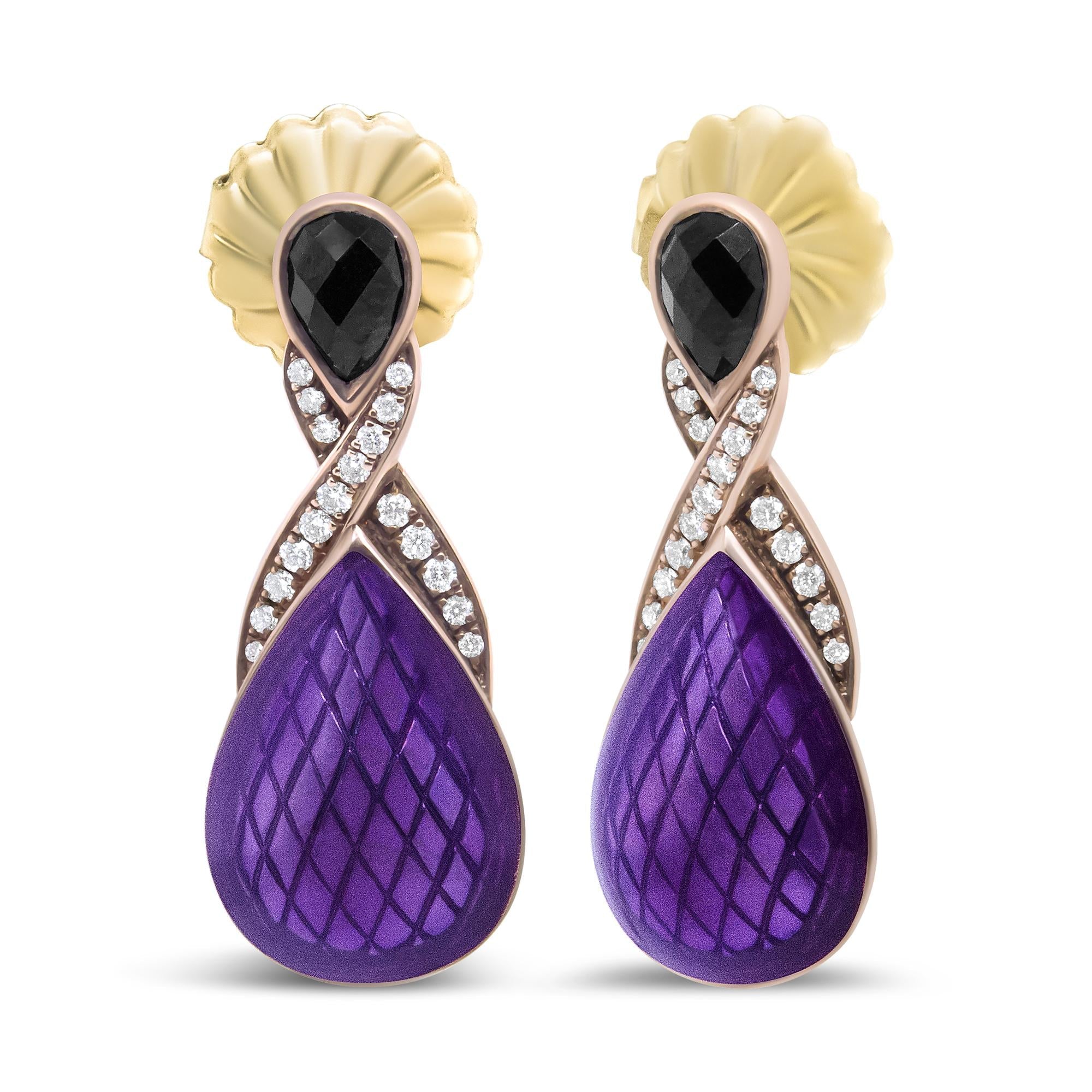 18K Rose Gold Flash Plated .925 Sterling Silver Purple Enamel 1/5 Cttw Round Pave-Set Diamond and 5.5 x 4mm Pear-Shaped Black Onyx Drop Earrings (F-G Color, VS1-VS2 Clarity) - Friggin Jewelry