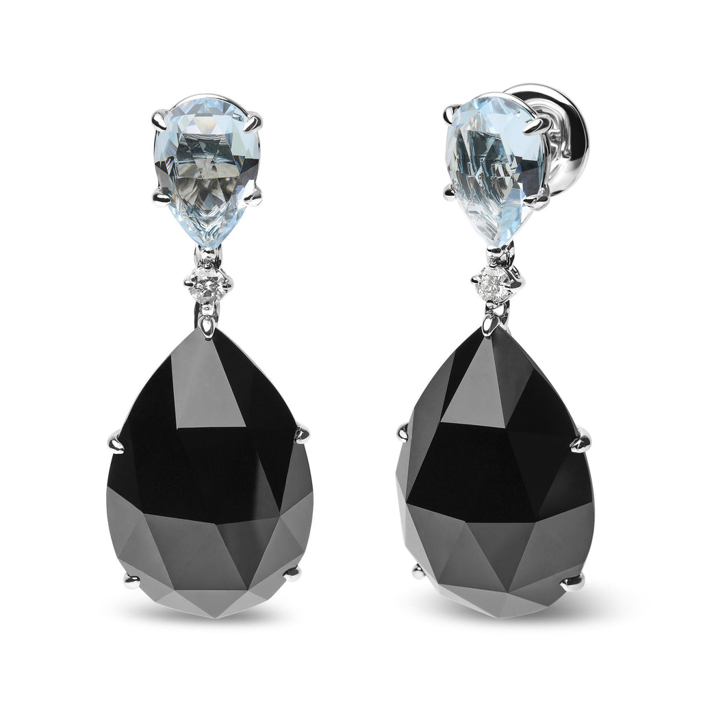 Orecchino pendente in oro bianco 18 carati con diamante da 1/5 ct, topazio azzurro cielo taglio a pera e onice nero taglio a pera (colore GH, purezza SI1-SI2) - Friggin Jewelry