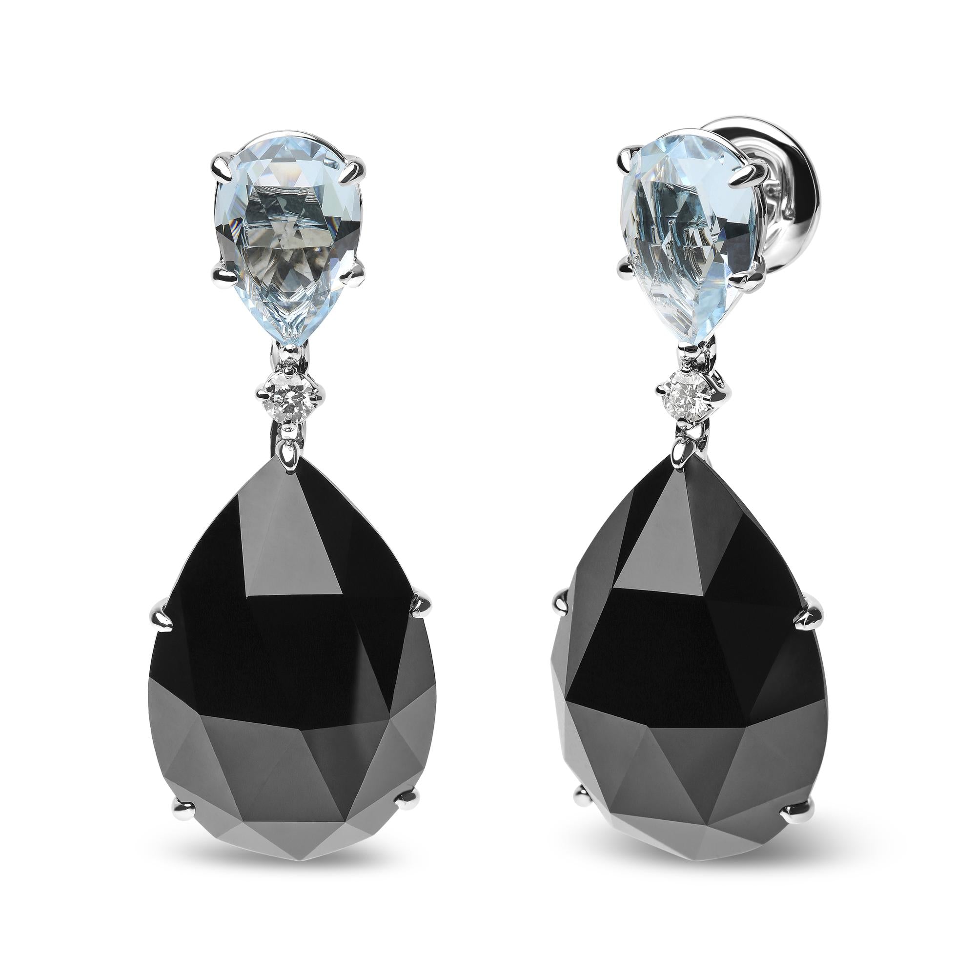 Orecchino pendente in oro bianco 18 carati con diamante da 1/5 ct, topazio azzurro cielo taglio a pera e onice nero taglio a pera (colore GH, purezza SI1-SI2) - Friggin Jewelry
