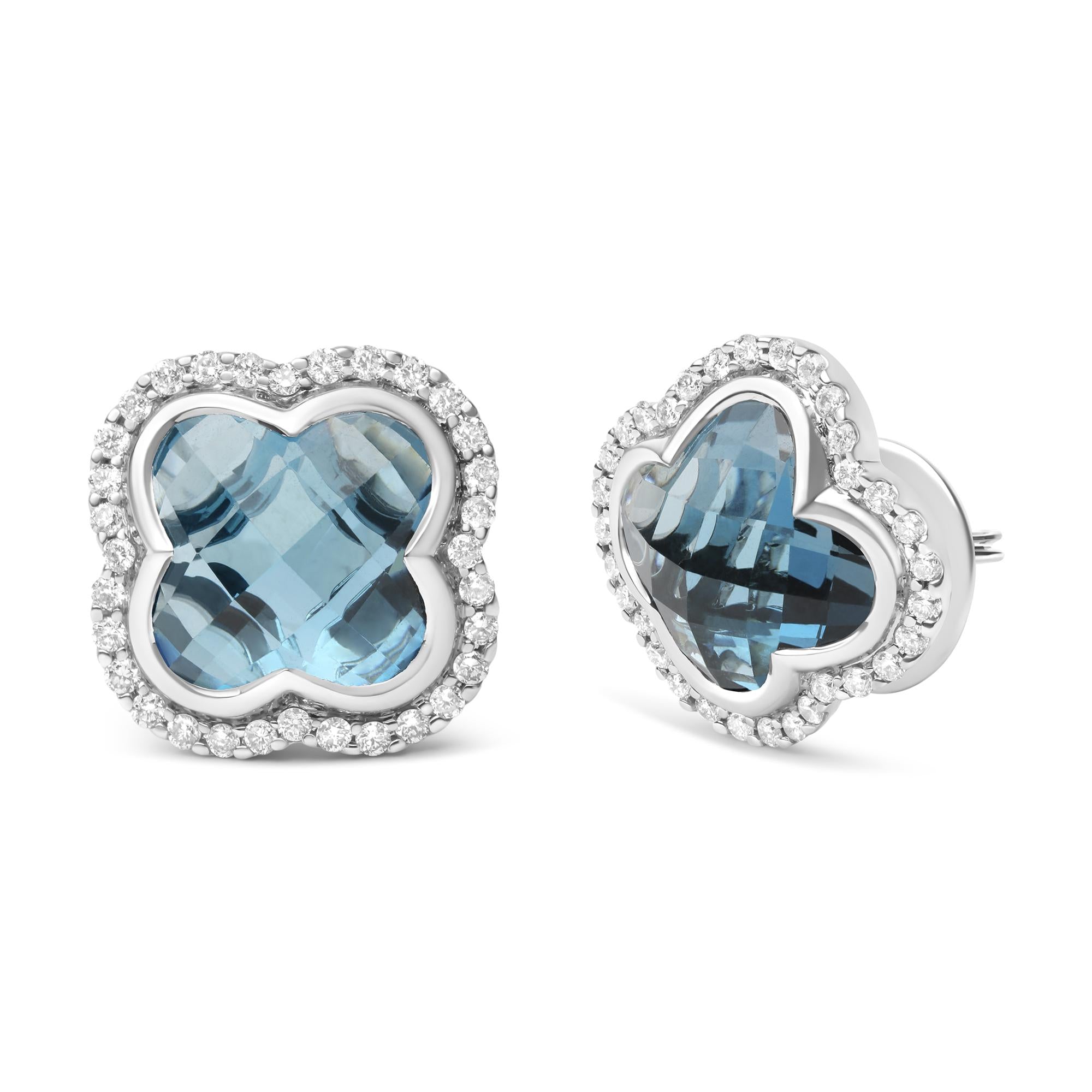 18K White Gold 3/8 Cttw Diamond and 11x11mm Clover-Cut London Blue Topaz Gemstone Halo Clover Stud Earrings (G-H Color, SI1-SI2 Clarity) - Friggin Jewelry