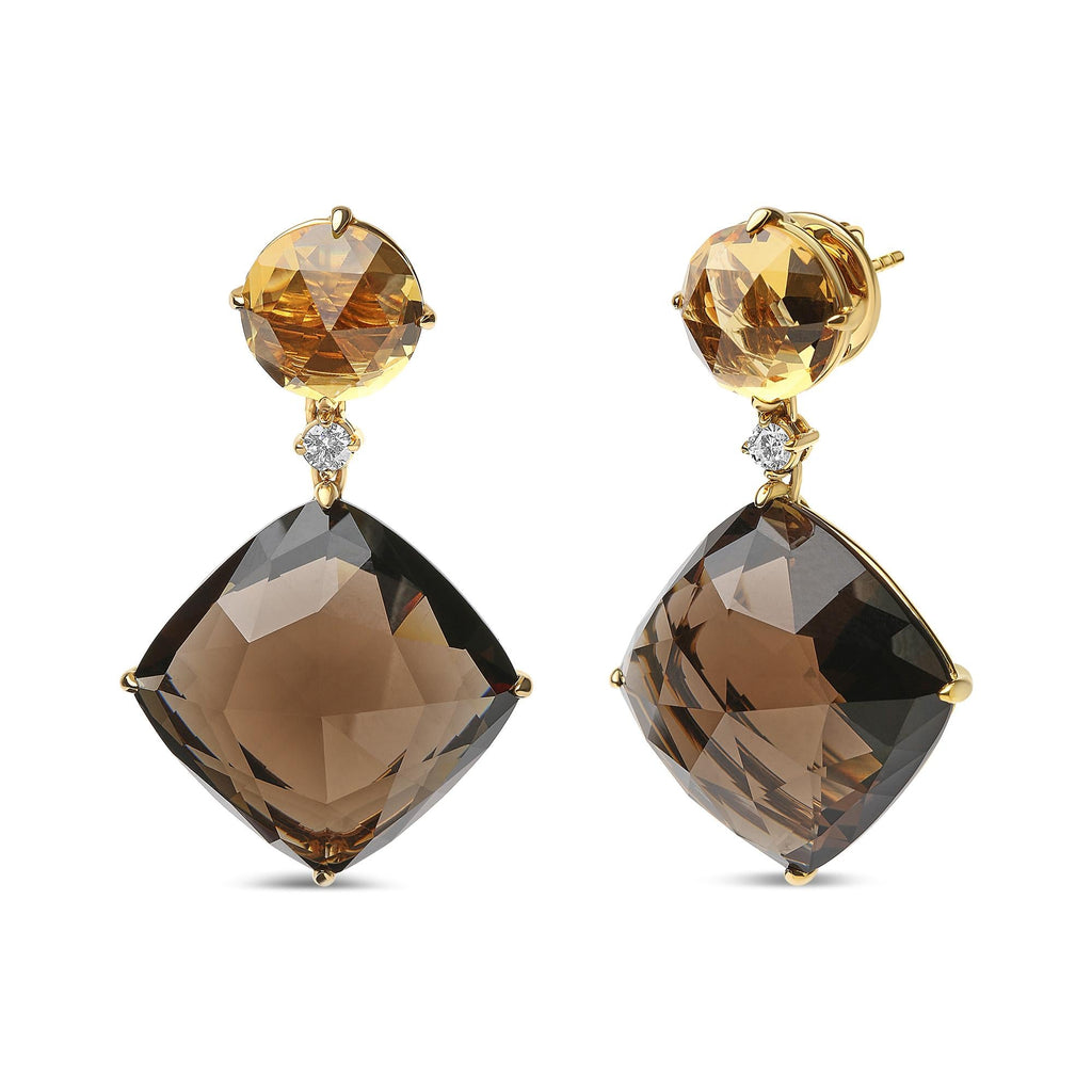 18K Yellow Gold 1/5 Cttw Diamond with Round Yellow Citrine and 25mm Cushion Cut Smoky Quartz Gemstone Dangle Earring (G-H Color, SI1-SI2 Clarity) - Friggin Jewelry