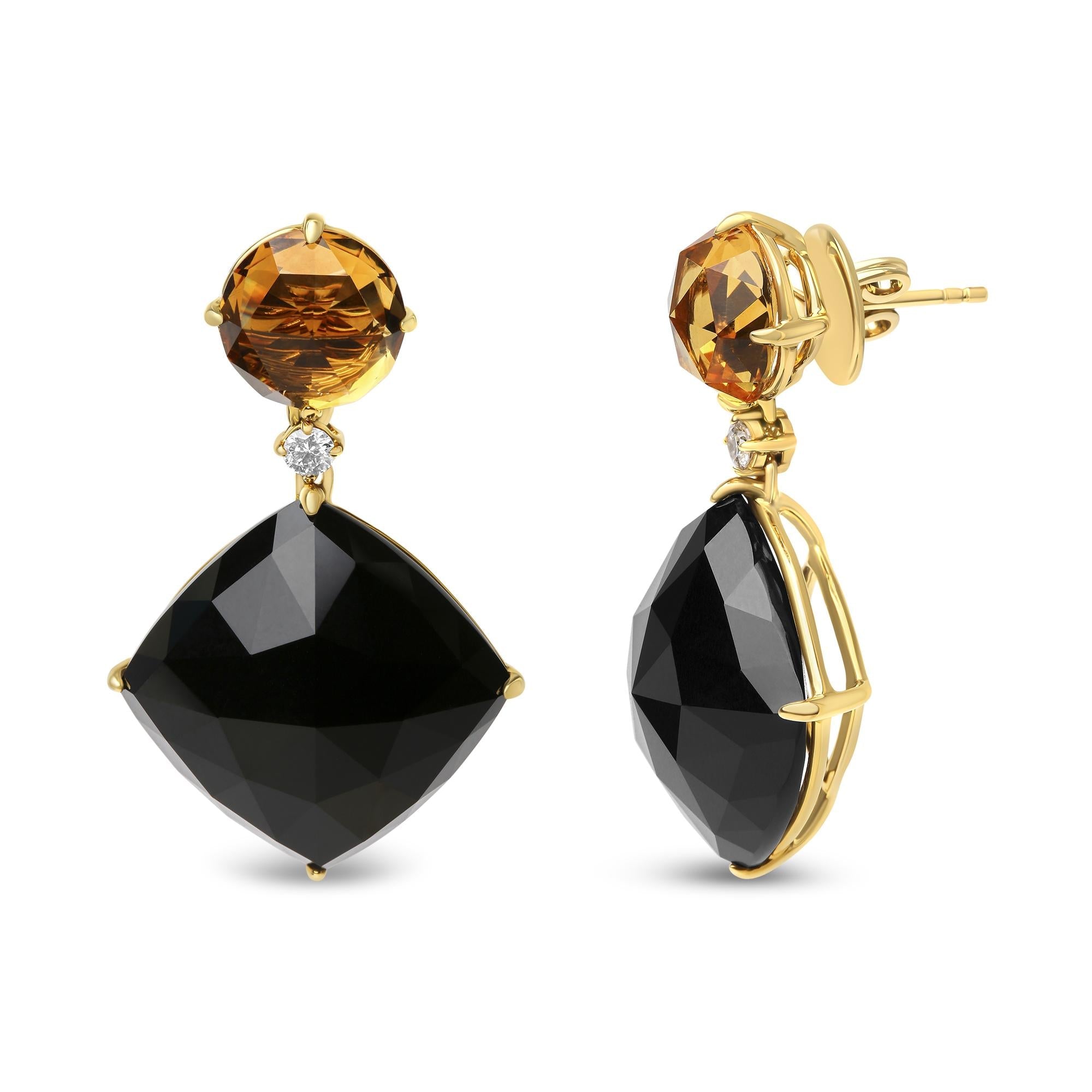 18K Yellow Gold 1/5 Cttw Diamond with Round Yellow Citrine and Cushion Cut Black Onyx Gemstone Dangle Earring (G-H Color, SI1-SI2 Clarity) - Friggin Jewelry