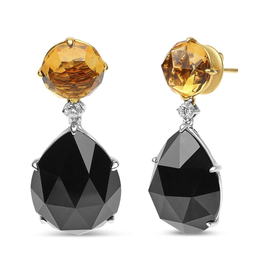 18K White and Yellow Gold 1/5 Cttw Diamond with Round Yellow Citrine and 20x15mm Pear Cut Black Onyx Gemstone Dangle Earring (G-H Color, SI1-SI2 Clarity) - Friggin Jewelry