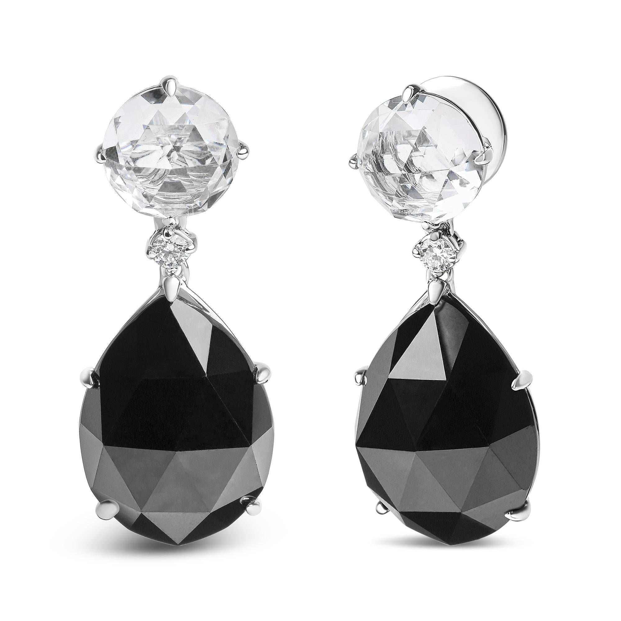 18K White Gold 1/5 Cttw Diamond with Round White Topaz and 20x15mm Pear Cut Black Onyx Gemstone Dangle Earring (G-H Color, SI1-SI2 Clarity) - Friggin Jewelry