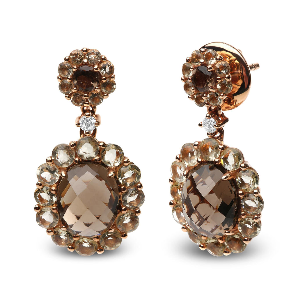 18K Rose Gold Diamond Accent and  Lemon and Oval Smoky Color Quartz Gemstone Dangle Drop Earring (G-H Color, SI1-SI2 Clarity) - Friggin Jewelry