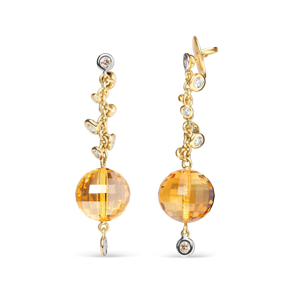 18K Yellow Gold 2/3 Cttw Round Bezel Diamond and 25mm Ball Shaped Yellow Citrine Gemstone Dangle Stud Earring (Brown and G-H Color, SI1-SI2 Clarity) - Friggin Jewelry