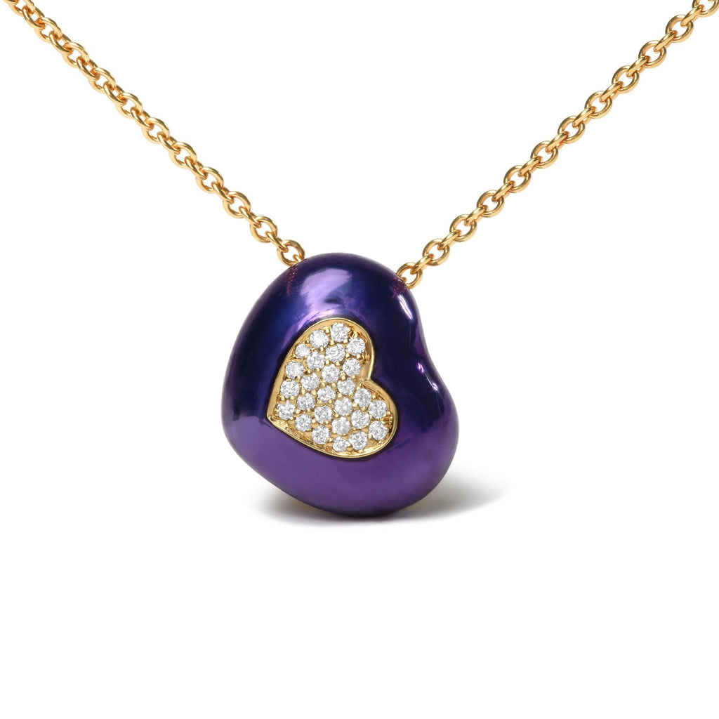 18K Yellow Gold Blue Enamel 1/10 Cttw Round Pave Diamonds Heart Shape 18" Pendant Necklace  (G-H Color, SI1-SI2 Clarity) - Adjustable up to 16" - 18" - Friggin Jewelry