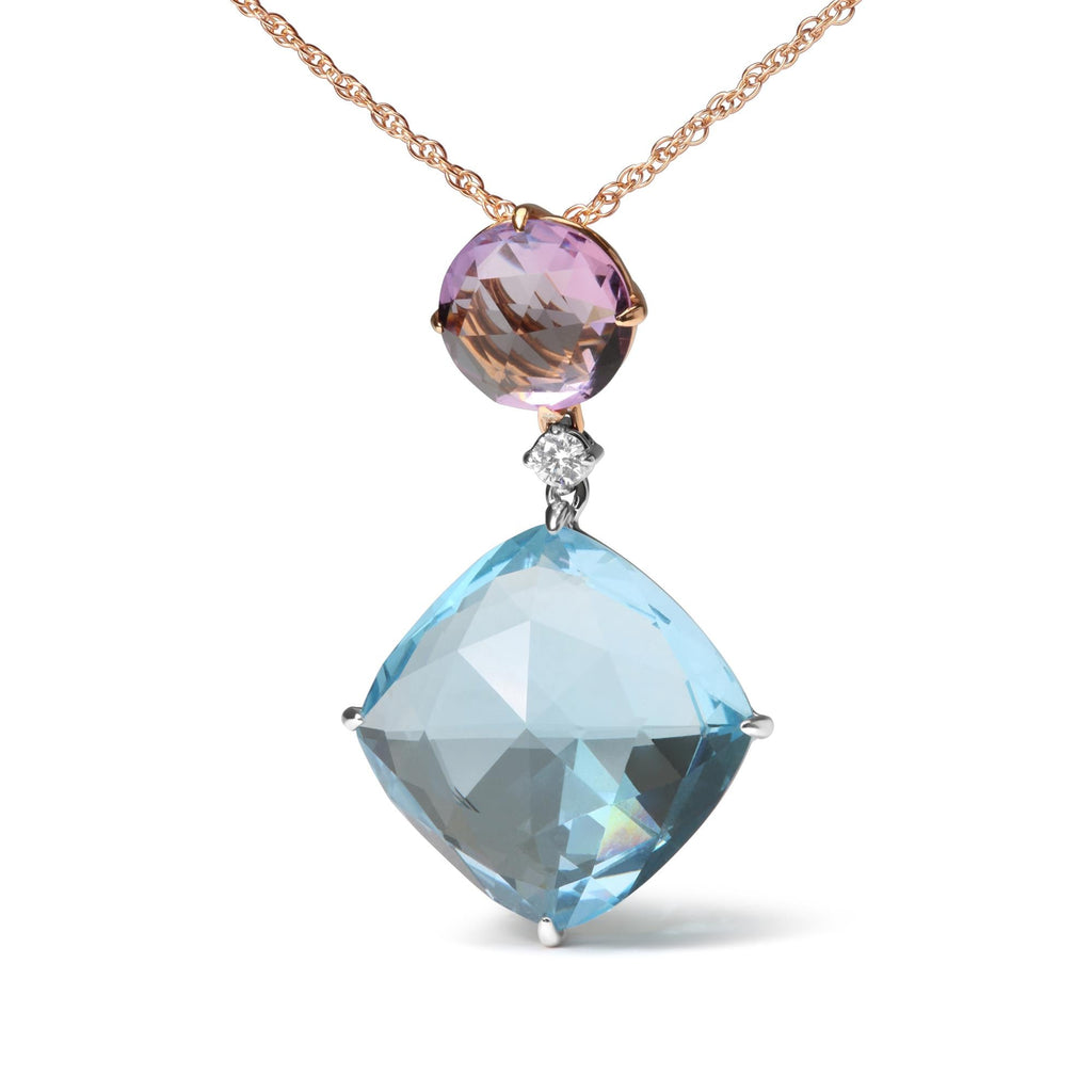 Collar colgante de 45 cm en oro blanco y rosa de 18 quilates con detalles de diamantes redondos, amatista rosa "Rose de France" redonda y topacio azul cielo de talla cojín (color GH, claridad SI1-SI2) - Friggin Jewelry