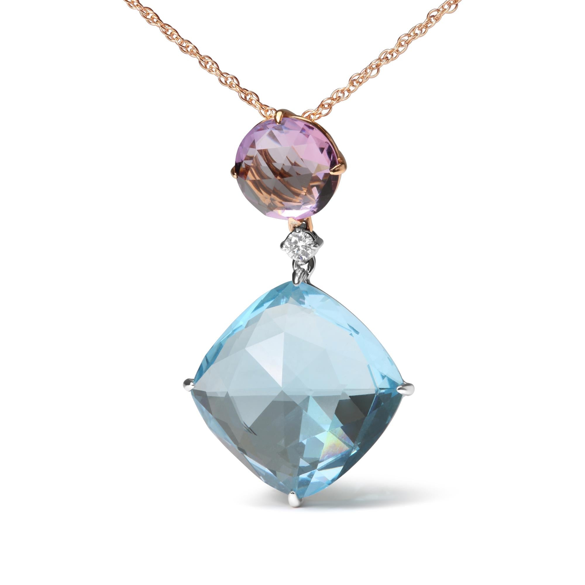 18K White and Rose Gold Round Diamond Accent and Round Rose De France Pink Amethyst and Cushion Cut Sky Blue Topaz Dangle Drop 18" Pendant Necklace (G-H Color, SI1-SI2 Clarity) - Friggin Jewelry