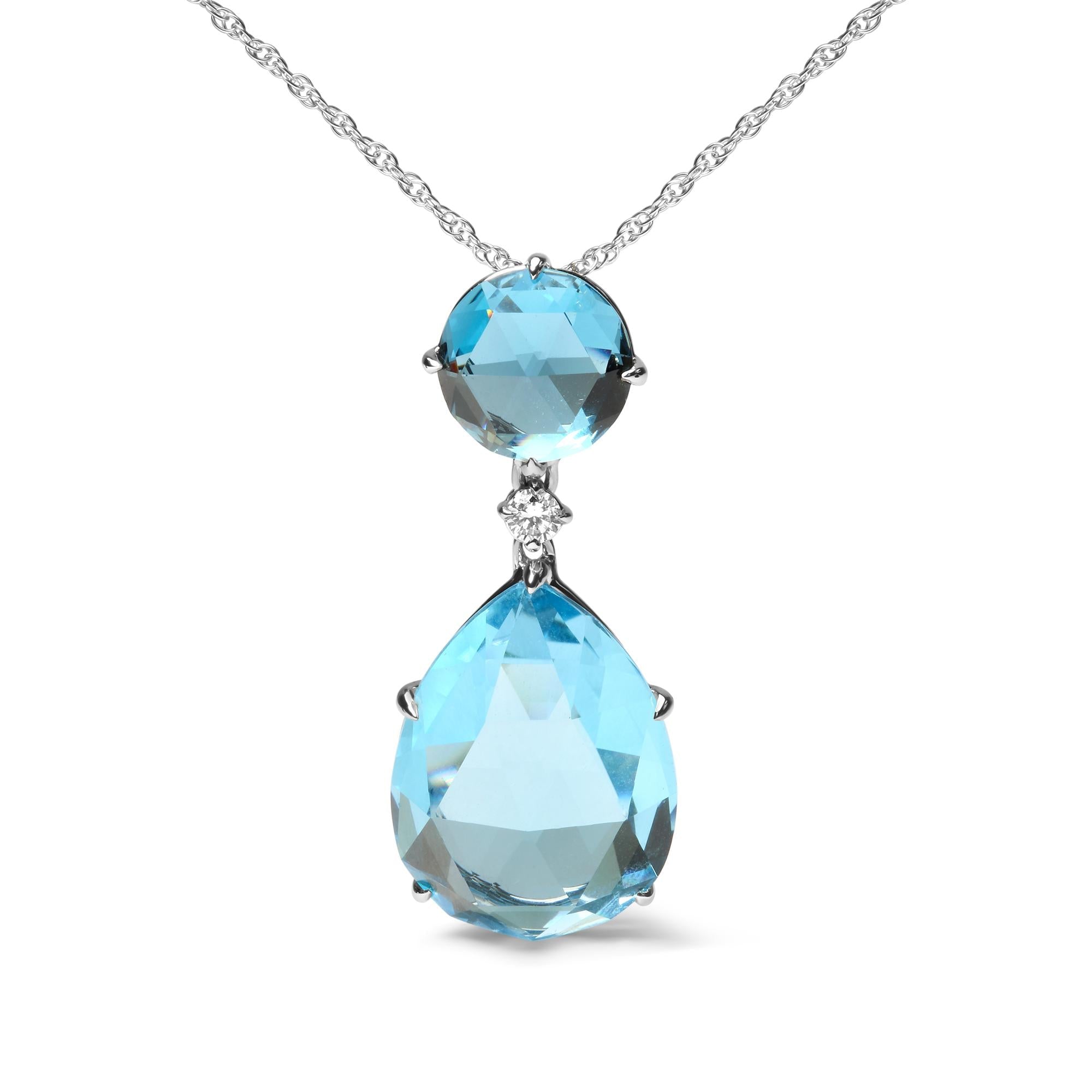 18K White Gold Diamond Accent and Round London Blue Topaz and Pear Cut Sky Blue Topaz Dangle Drop 18" Pendant Necklace (G-H Color, SI1-SI2 Clarity) - Friggin Jewelry Premium