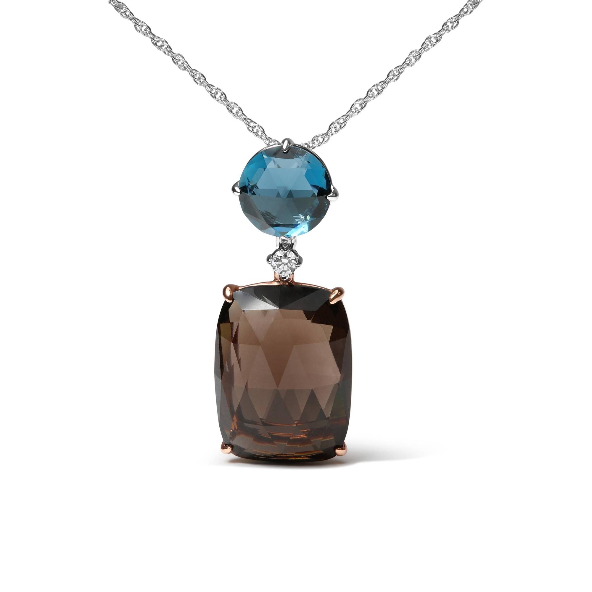 18K Rose and White Gold Diamond Accent and London Blue Topaz and Cushion Cut Smoky Quartz Gemstone Dangle Drop 18" Pendant Necklace (G-H Color, SI1-SI2 Clarity) - Friggin Jewelry