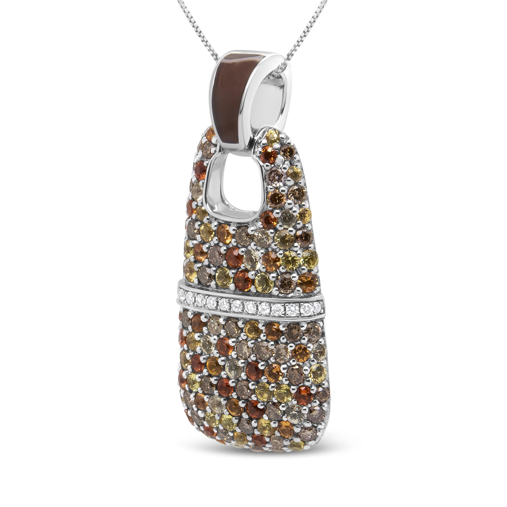 .925 Sterling Silver Brown Enamel 1 Cttw White and Brown Diamonds and  1.5mm Yellow and Orange Sapphire Gemstones Statement 18" Pendant Necklace (Brown and F-G Color, VS1-VS2 Clarity) - Friggin Jewelry Premium