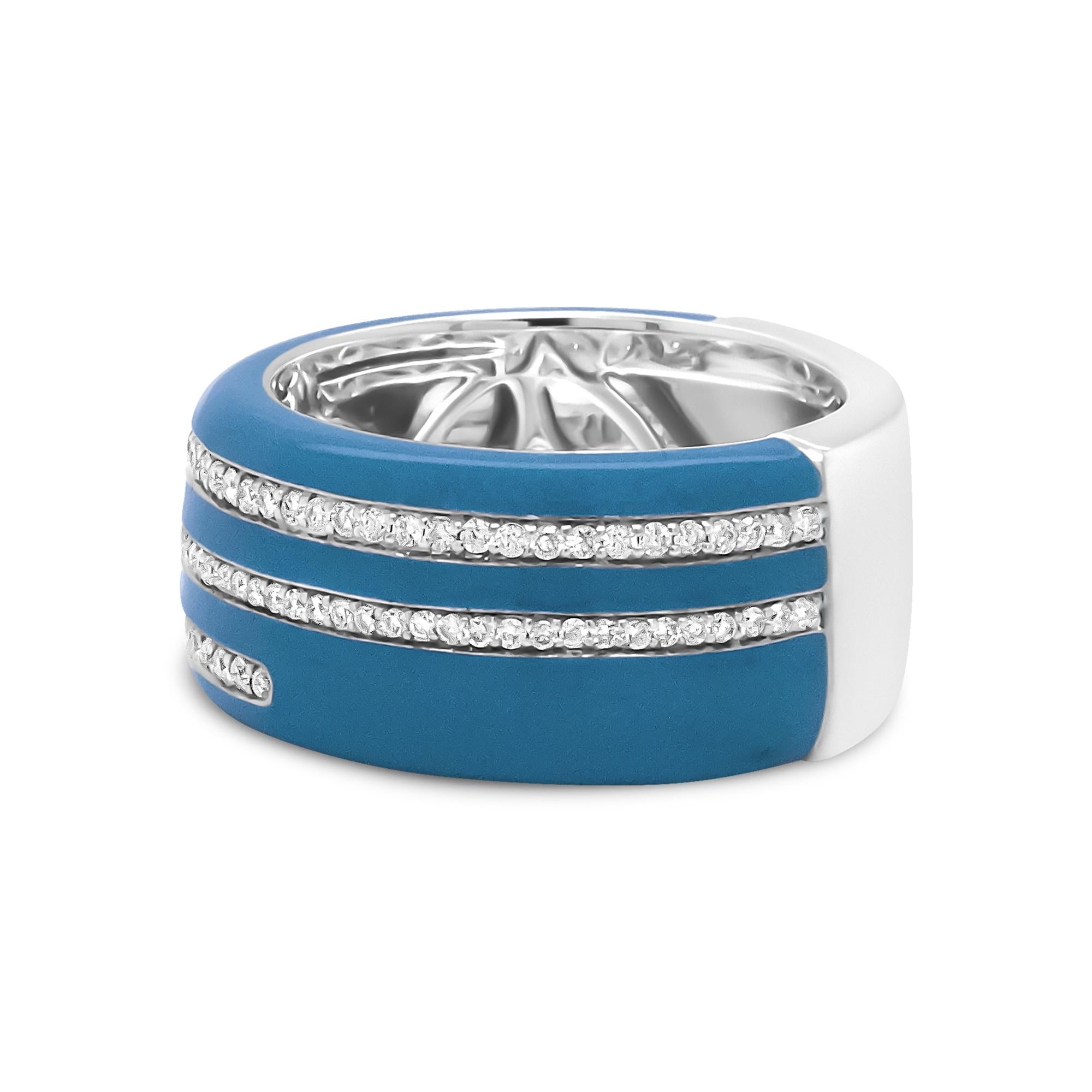 Anello a fascia larga con diamanti rotondi da 5/8 ct, smalto turchese in argento sterling 925 (colore FG, purezza VS1-VS2) - Friggin Jewelry