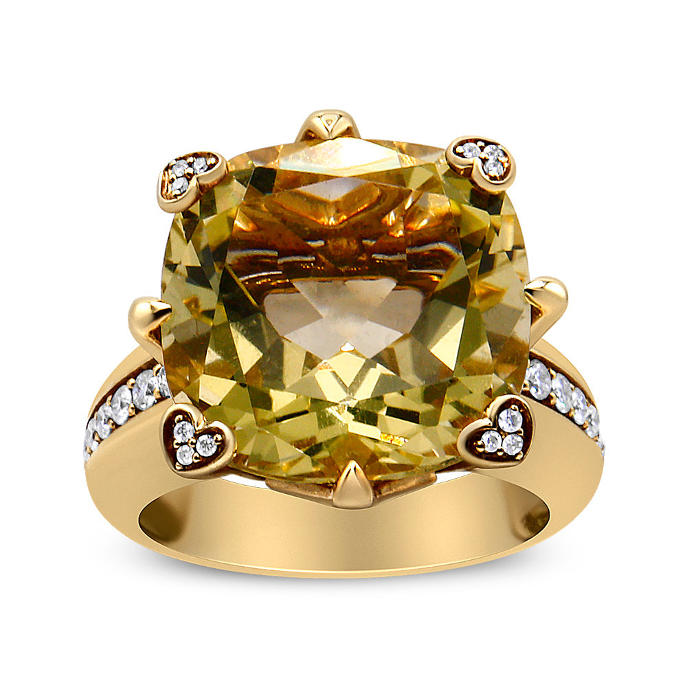 18K Yellow Gold 15x15mm Cushion Cut Lemon Quartz and 1/4 Cttw Diamond Accented Cocktail Ring (F-G Color, VS1-VS2 Clarity) - Friggin Jewelry