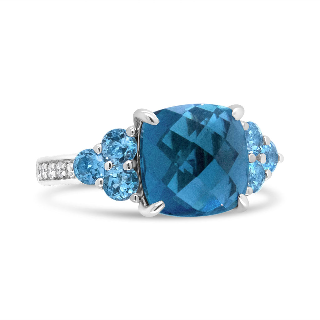 18K White Gold 10mm Cushion Shaped Blue Topaz and 1/6 Cttw Diamond 3 Stone Style Ring (F-G Color, VS1-VS2 Clarity) - Friggin Jewelry Premium