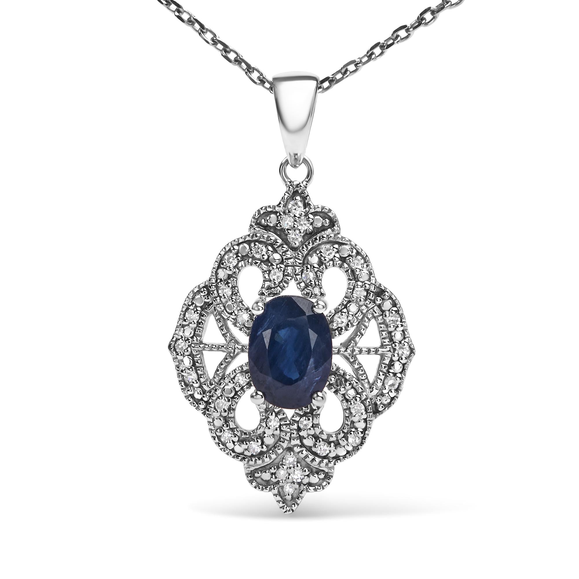 Collana con ciondolo a forma di scudo in stile Art Déco da 18" in argento sterling 925, ovale, 7x5 mm, con zaffiro blu e diamanti (colore IJ, purezza I3) - Friggin Jewelry