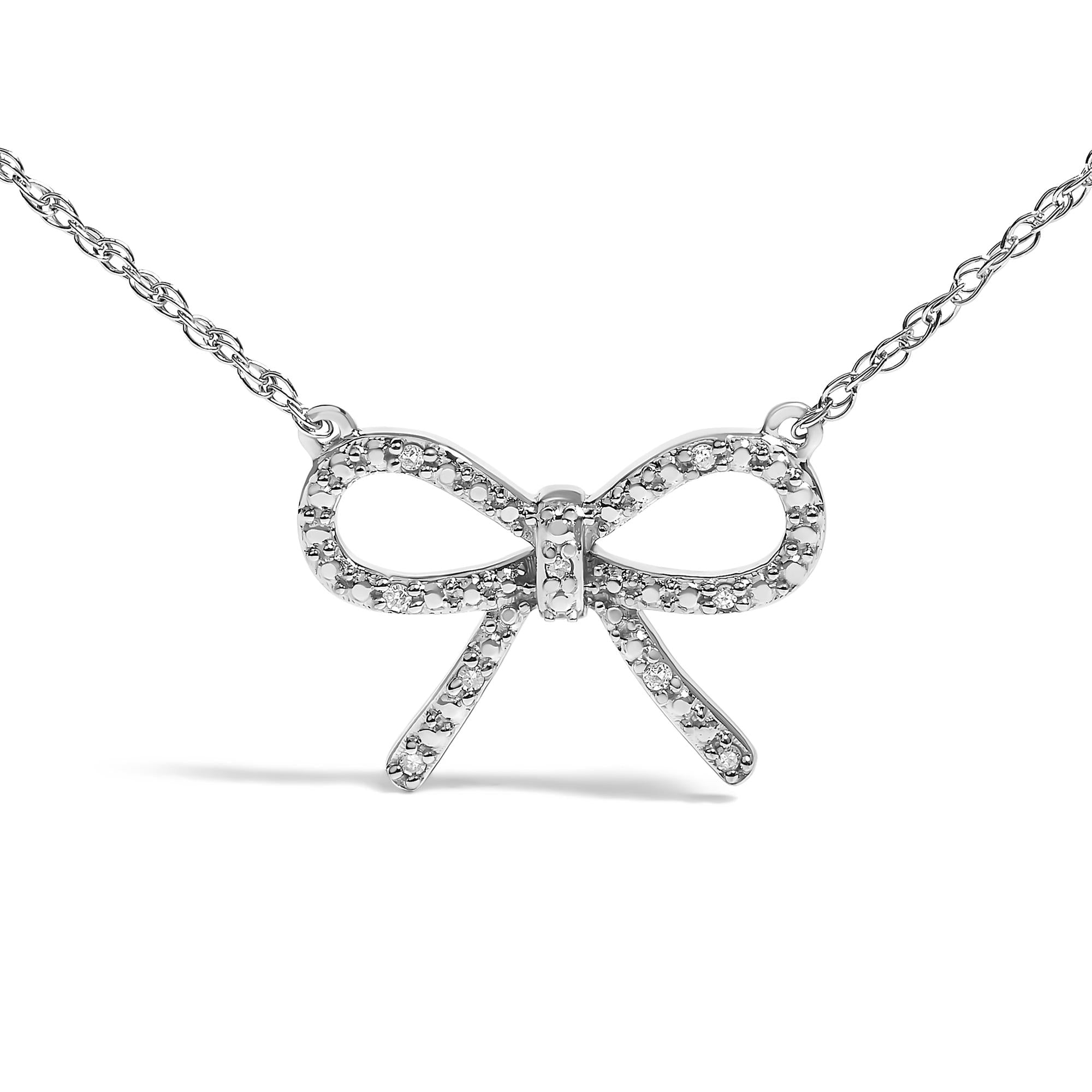 .925 Sterling Silver Diamond Accent Ribbon Bow Knot Pendant Necklace (J-K Color, I2-I3 Clarity) - 18" Inches - Friggin Jewelry