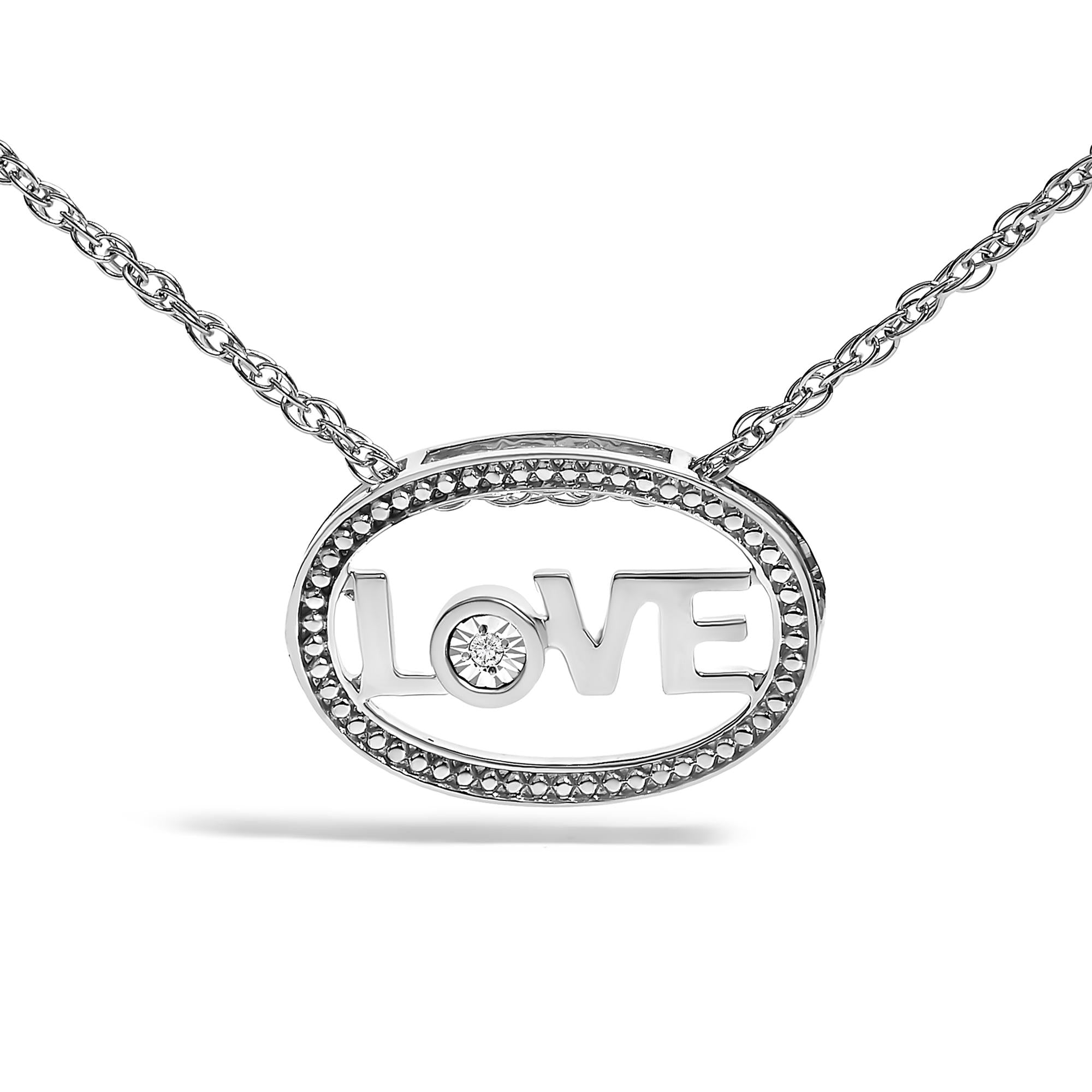 .925 Sterling Silver Diamond Accent "LOVE" Beaded Oval Pendant Necklace (J-K Color, I2-I3 Clarity) - 18" Inches - Mom - Friggin Jewelry