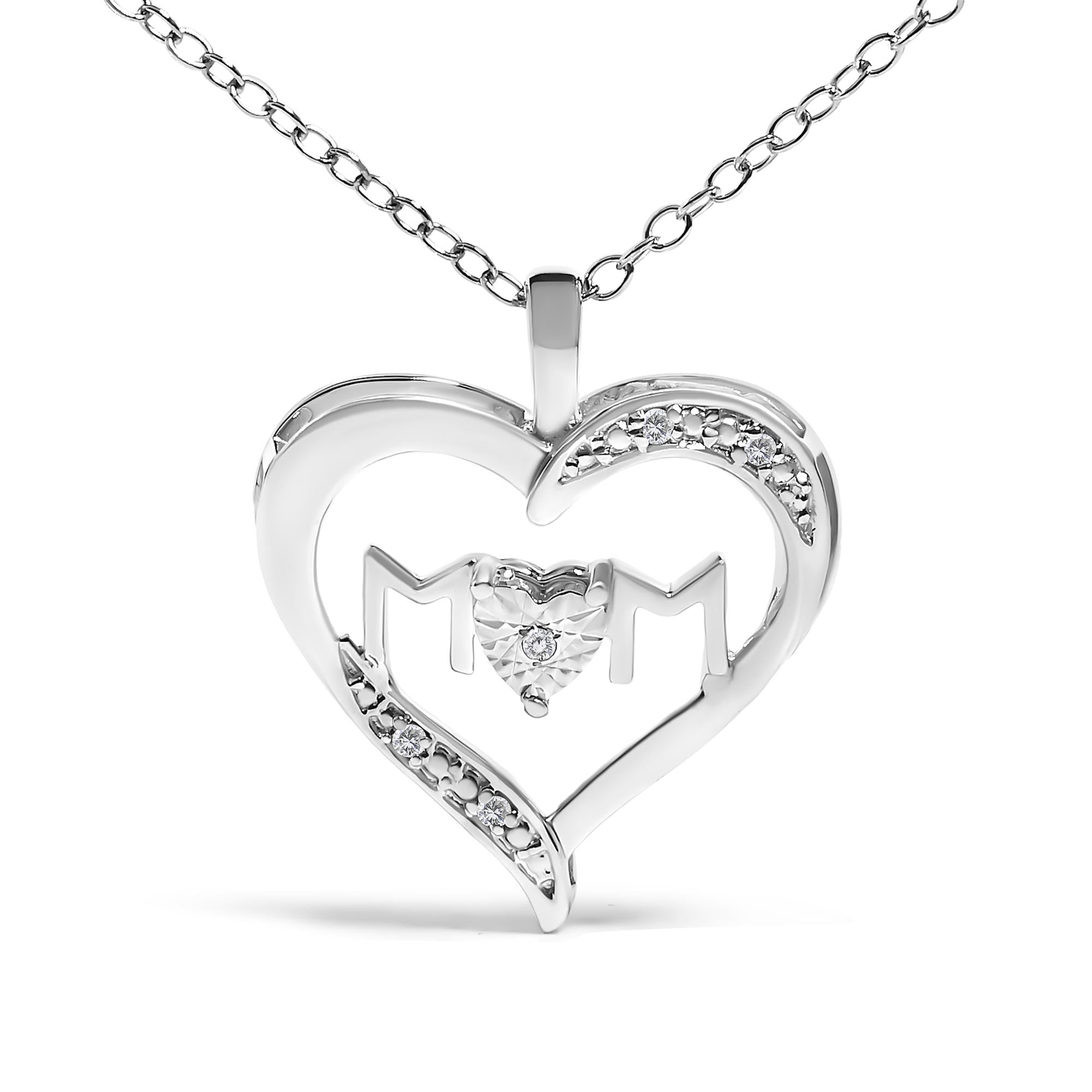.925 Sterling Silver Diamond Accent MOM with Heart Pendant Necklace (J-K Color, I2-I3 Clarity) - 18" Inches - Mom - Friggin Jewelry