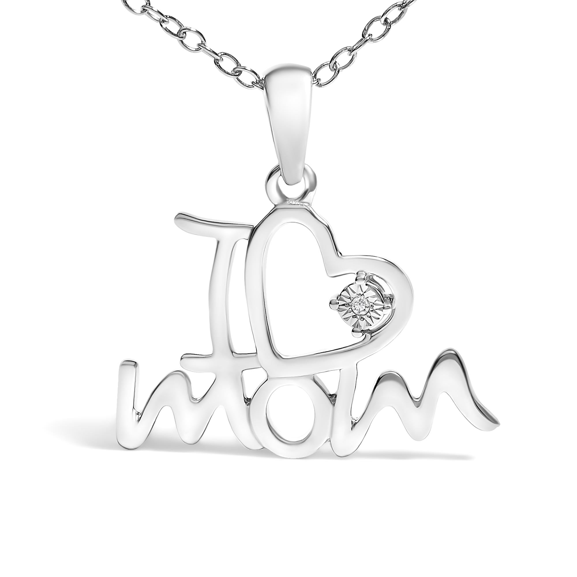 .925 Sterling Silver Diamond Accent "I Love Mom" Heart Pendant Necklace (J-K Color, I2-I3 Clarity) - 18" Inches - Mom - Friggin Jewelry