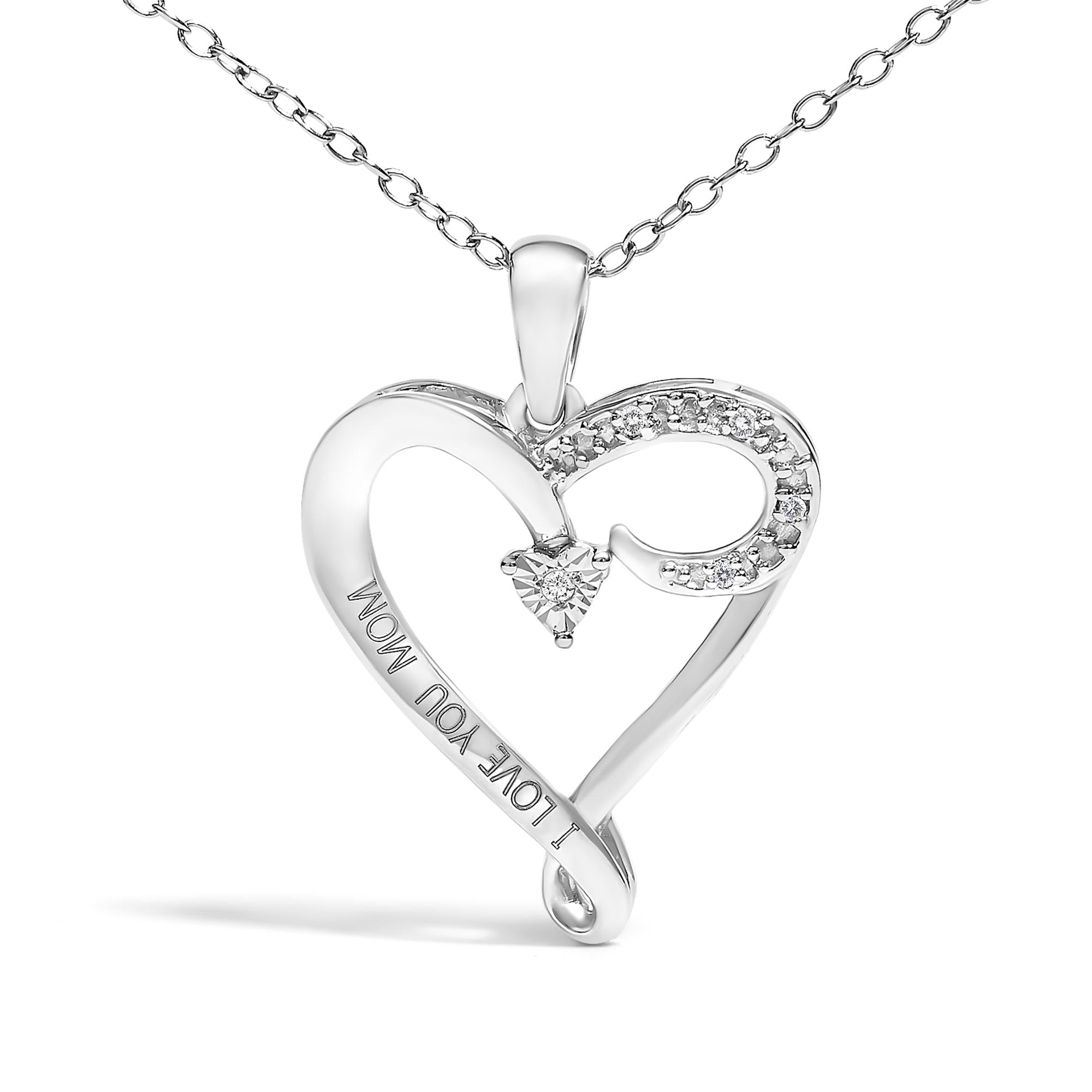 .925 Sterling Silver Diamond Accent "I LOVE YOU MOM" Heart Pendant Necklace (J-K Color, I2-I3 Clarity) - 18" Inches - Friggin Jewelry