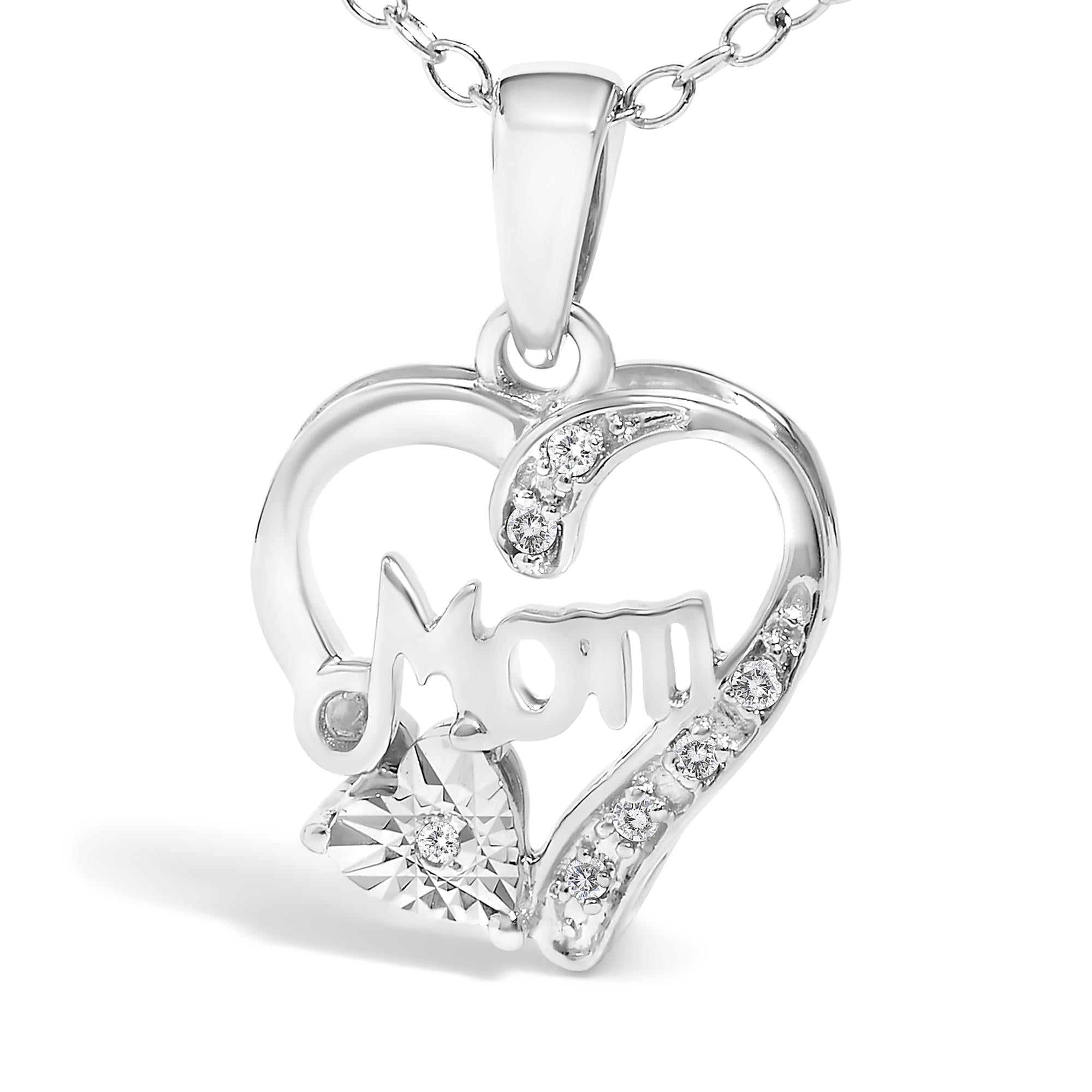 .925 Sterling Silver Diamond Accent Mom with Heart Pendant Necklace (J-K Color, I2-I3 Clarity) - 18" Inches - Mom - Friggin Jewelry