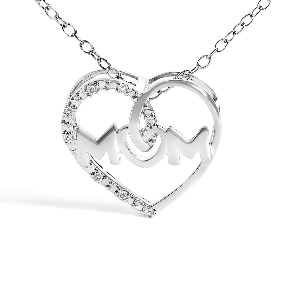 .925 Sterling Silver Diamond Accent MOM Heart Pendant Necklace (J-K Color, I2-I3 Clarity) - 18" Inches - Mom - Friggin Jewelry
