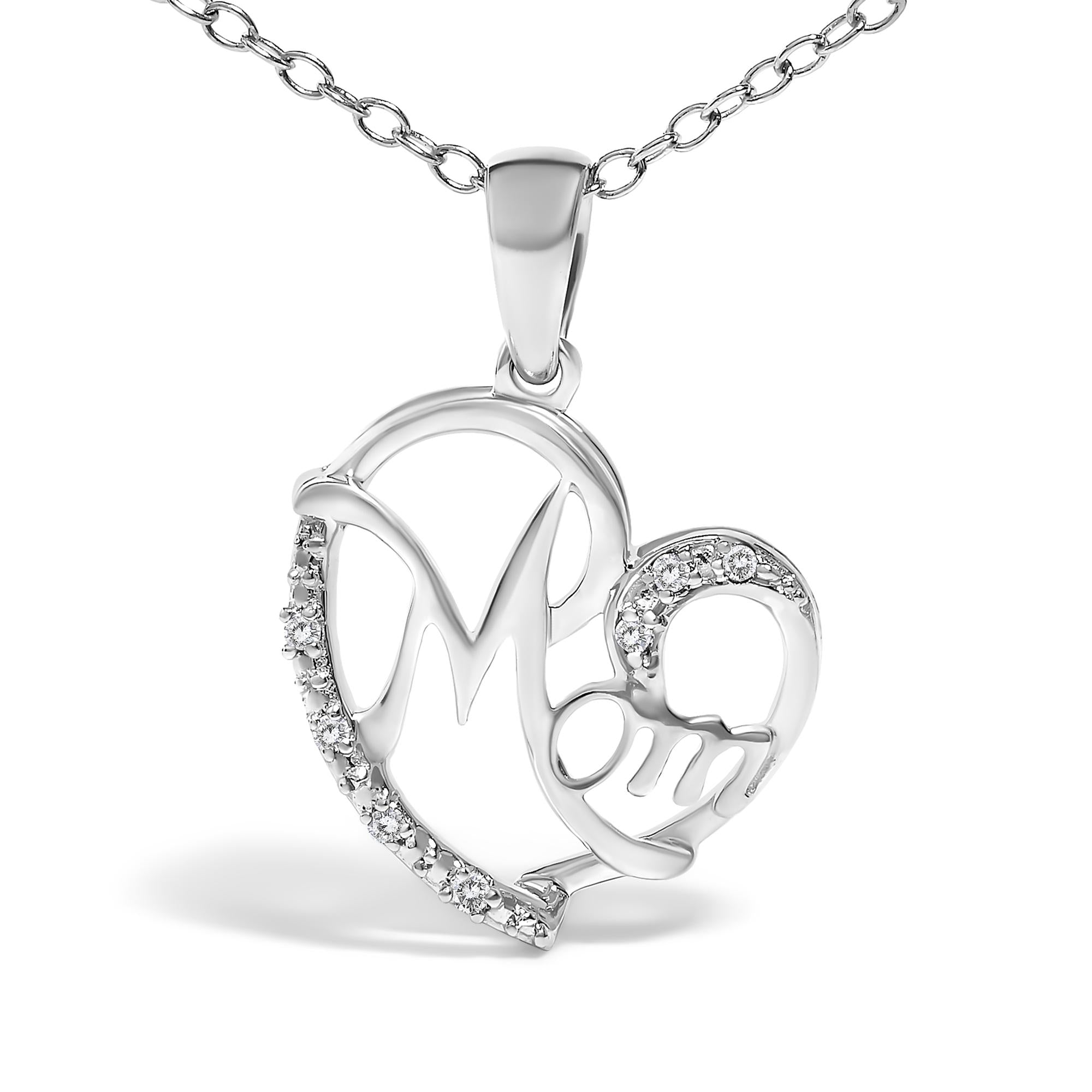 .925 Sterling Silver Cursive Mom Heart Diamond Accent Pendant Necklace (J-K Color, I2-I3 Clarity) - 18" Inches - Mom - Friggin Jewelry