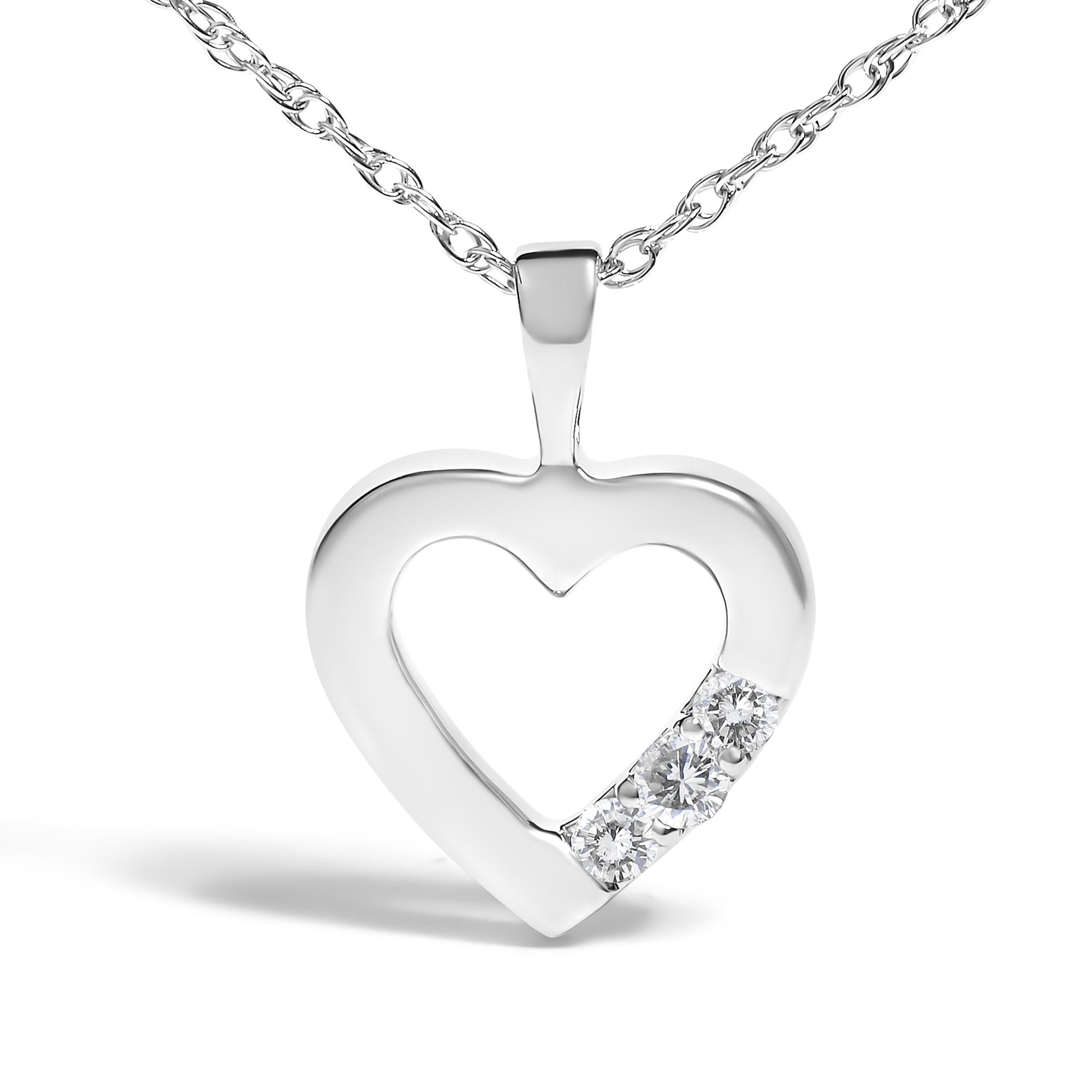 .925 Sterling Silver Lab Grown Diamond 1/4 Cttw Three Stone Heart Pendant Necklace - 18" Inches - Friggin Jewelry